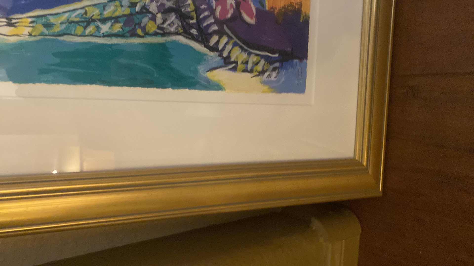 Photo 1 of VINTAGE 1996 GOLD FRAMED “WOMAN WITH RED BOUQUET AND SUN” by ZAMY STEYNOVITZ SIGNED & NUMBERED SERIGRAPH ARTWORK UNFRAMED MEASURES 12” X 14 1/2” FRAMED 25 1/2“ X 23“ WITH COA