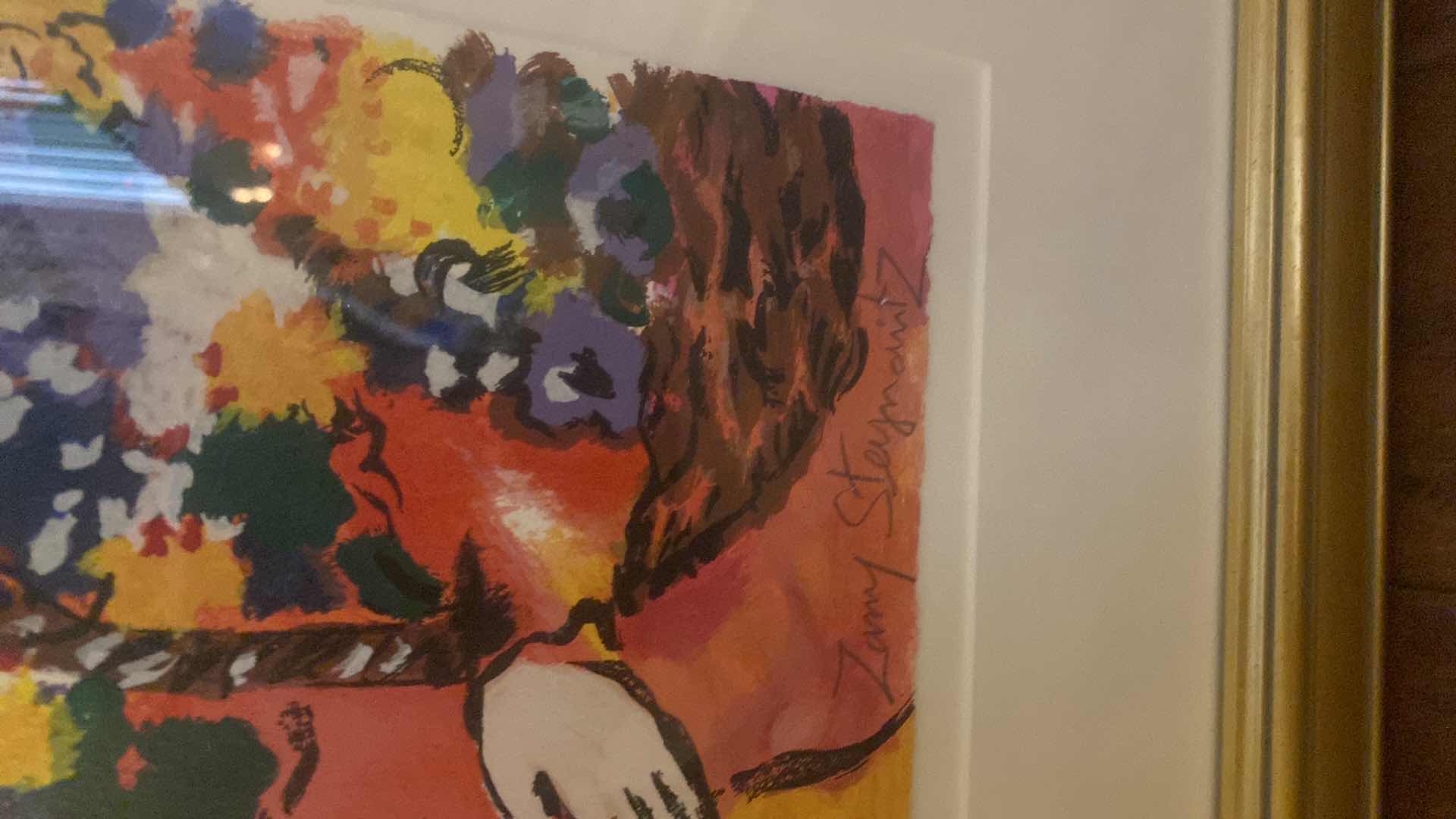 Photo 1 of VINTAGE 1996 GOLD FRAMED “WOMAN WITH RED BOUQUET AND SUN” by ZAMY STEYNOVITZ SIGNED & NUMBERED SERIGRAPH ARTWORK UNFRAMED MEASURES 12” X 14 1/2” FRAMED 25 1/2“ X 23“ WITH COA