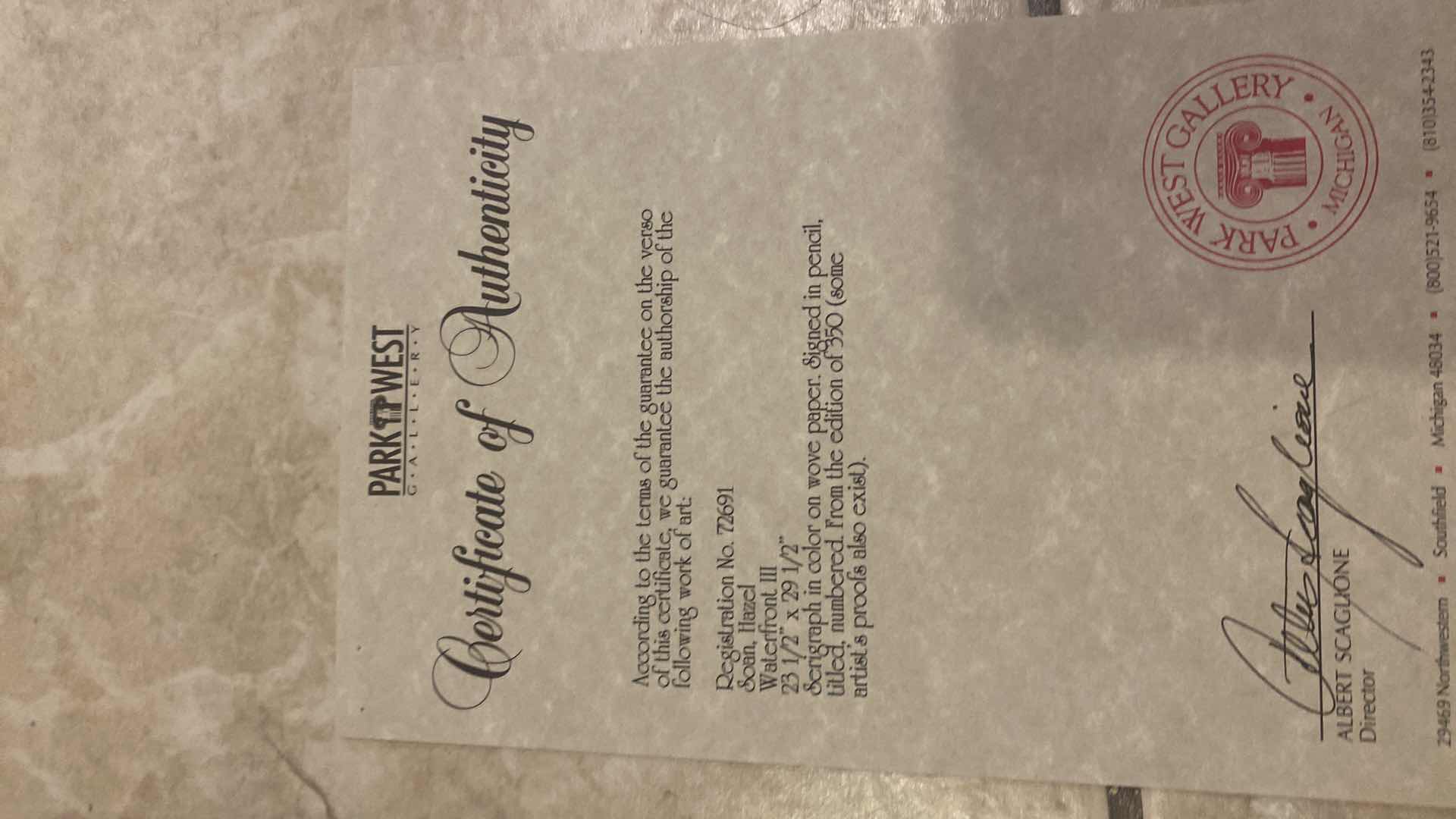 Photo 1 of VINTAGE  GOLD FRAMED “WATERFRONT III” by HAZEL SOAN SERIGRAPH SIGNED & NUMBERED ARTWORK UNFRAMED MEASURES 23 1/2” X 29 1/2”  FRAMED 42 1/2“ X 37“ WITH COA