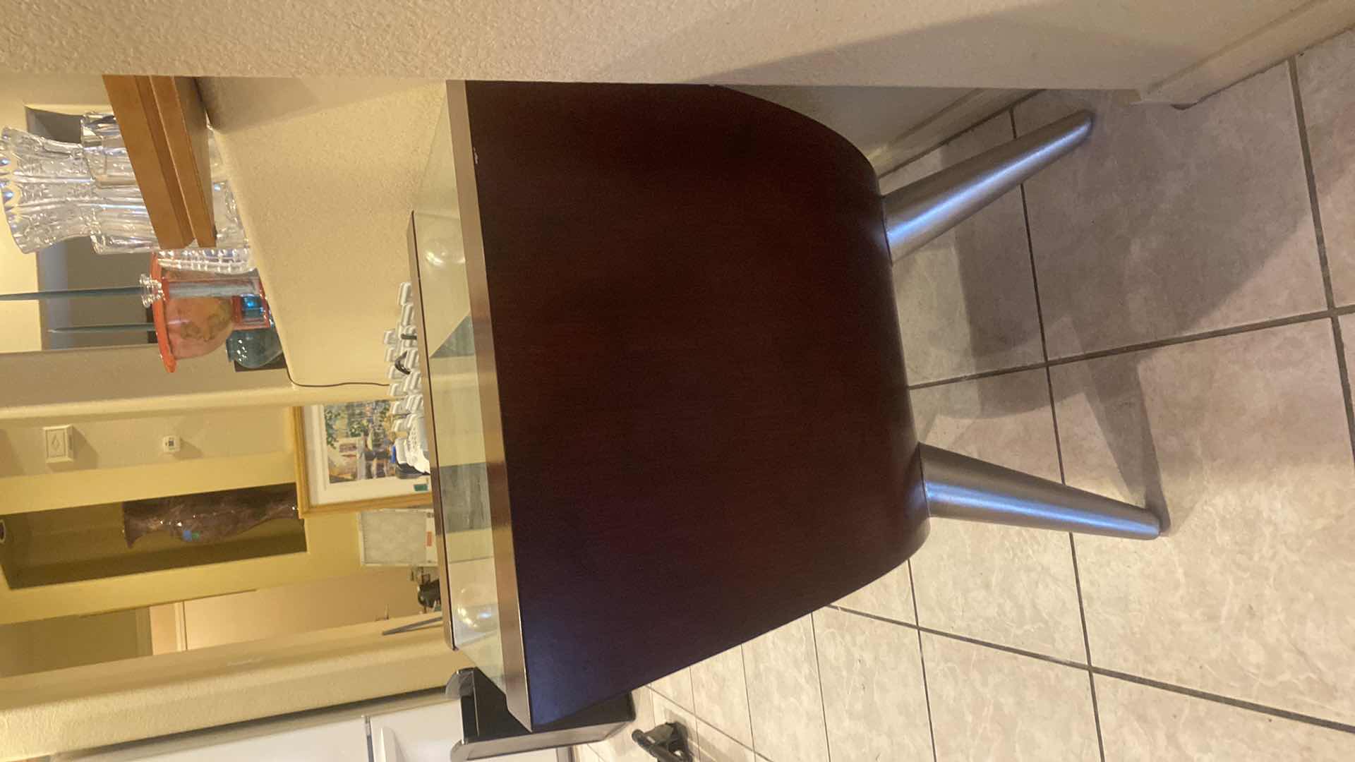 Photo 1 of MODERN WOOD & METAL END TABLE WITH GLASS TOP 24” X 22” H 25 1/2”