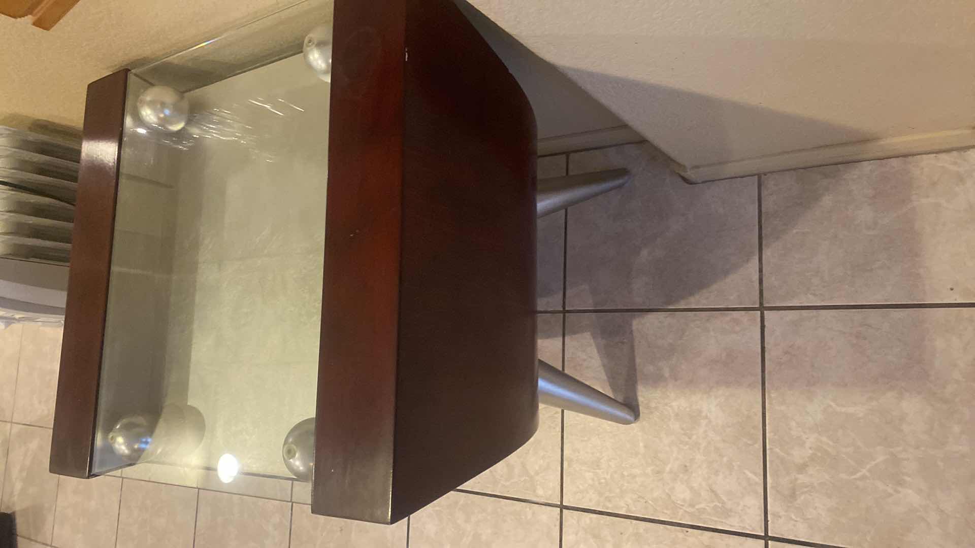 Photo 1 of MODERN WOOD & METAL END TABLE WITH GLASS TOP 24” X 22” H 25 1/2”