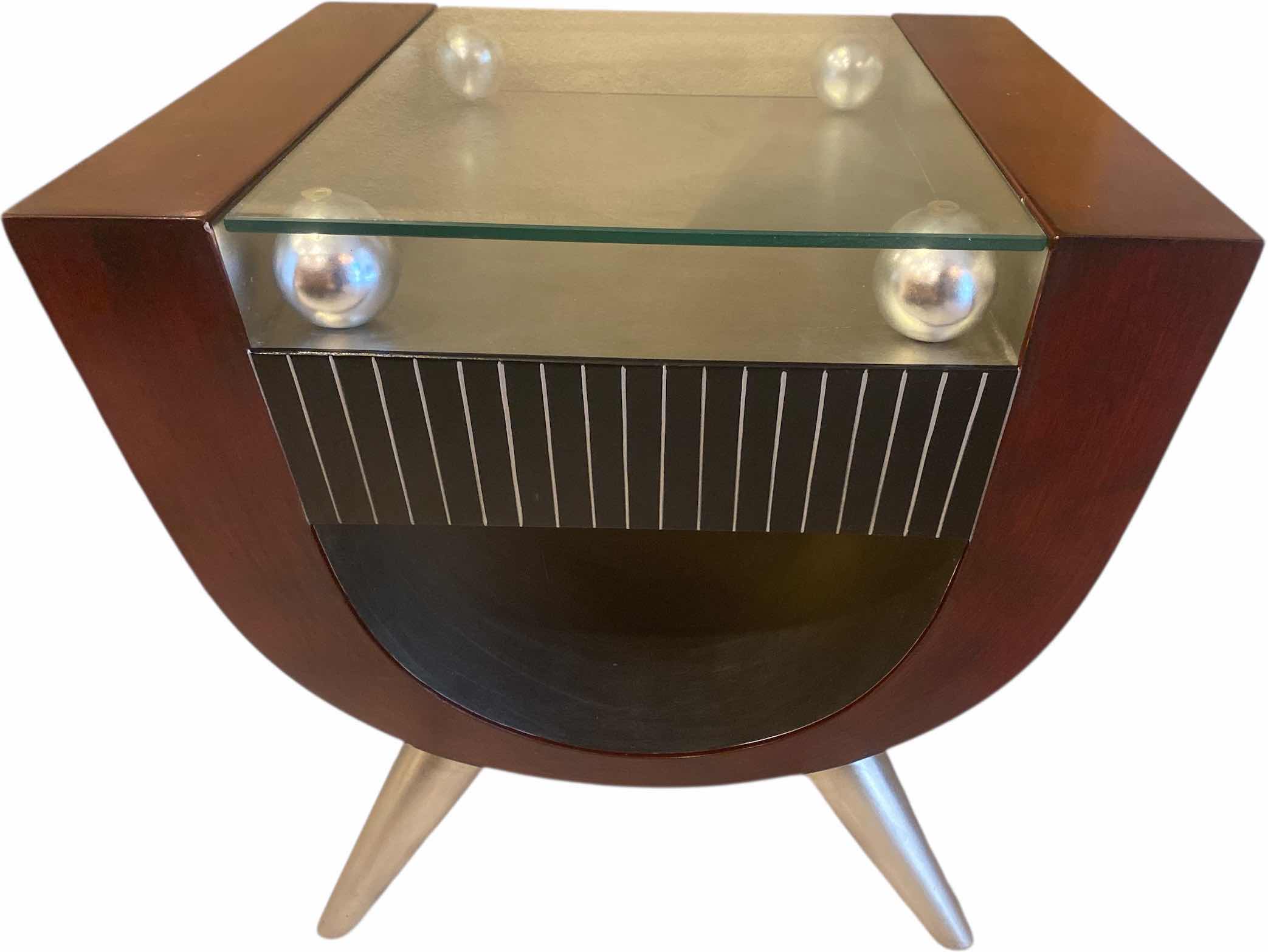 Photo 1 of MODERN WOOD & METAL END TABLE WITH GLASS TOP 24” X 22” H 25 1/2”