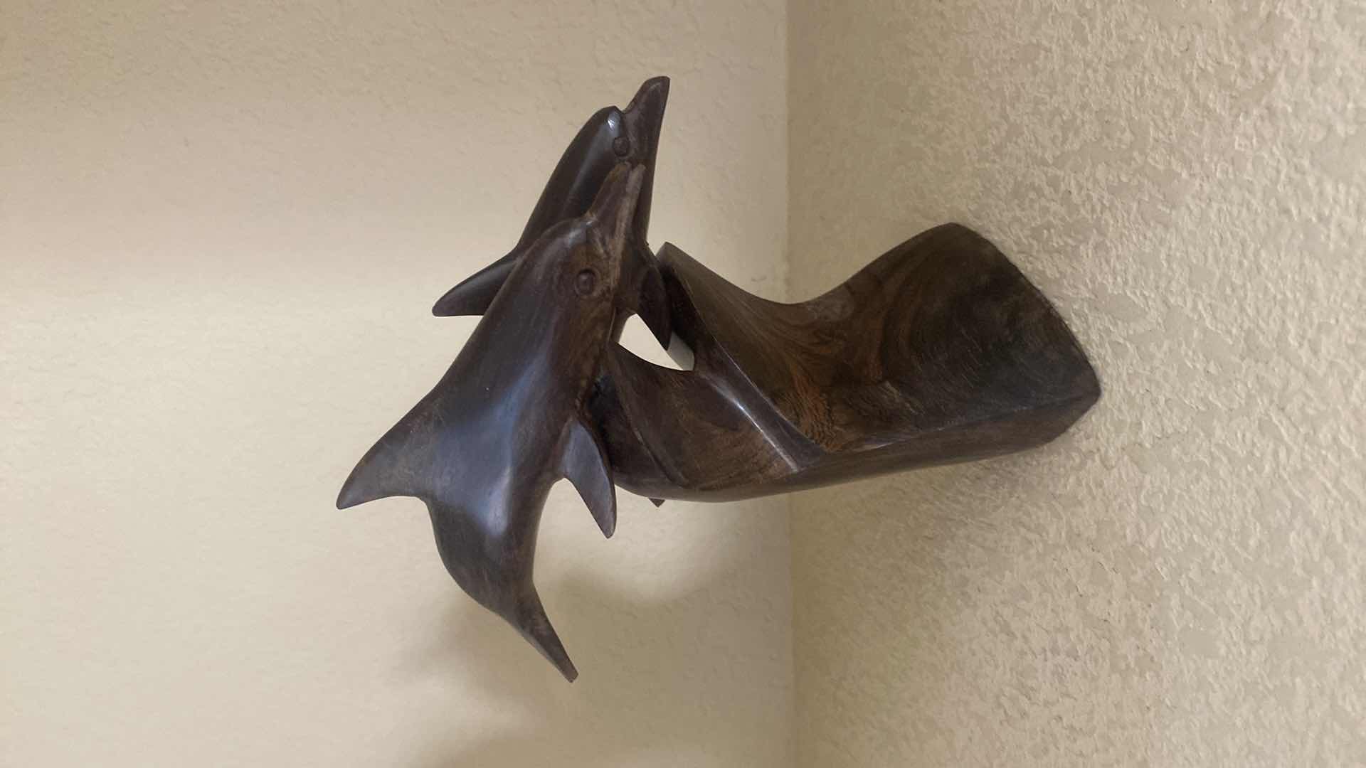 Photo 1 of CARVED WOOD DOLPHINS SCULPTURE H8”