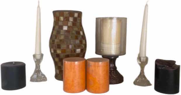 Photo 1 of CANDLES & GLASS CANDLE HOLDERS TALLEST 10 1/2”