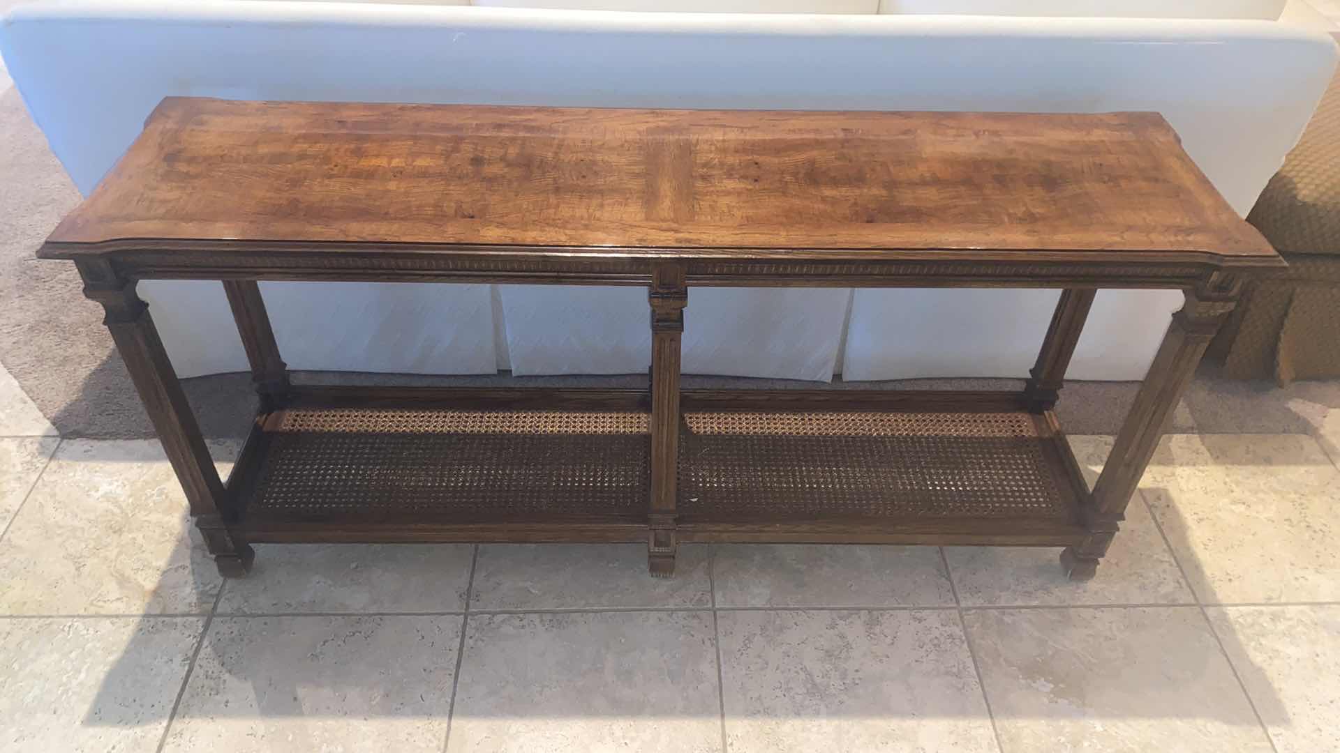 Photo 1 of WOOD SOFA TABLE WITH CANE BOTTOM SHELF 60” X 16” H27”