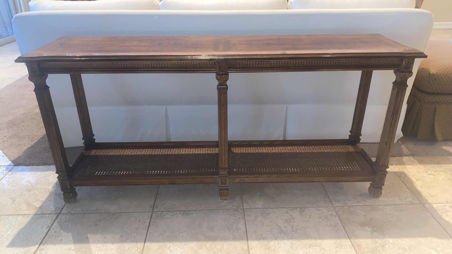 Photo 1 of WOOD SOFA TABLE WITH CANE BOTTOM SHELF 60” X 16” H27”