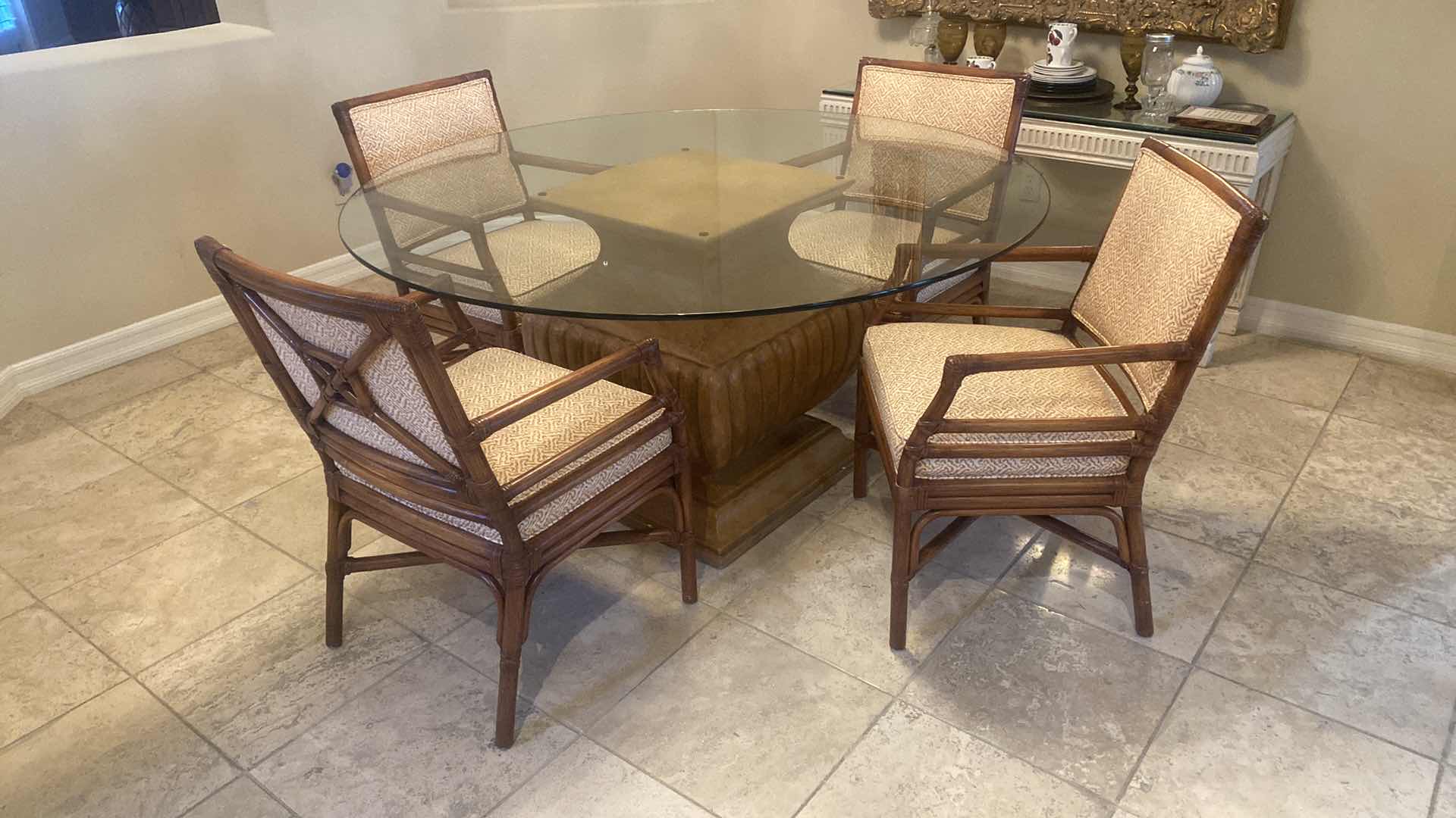 Photo 1 of 60” ROUND GLASS PEDESTAL DINING TABLE H30” (CHAIRS SOLD SEPARATELY)