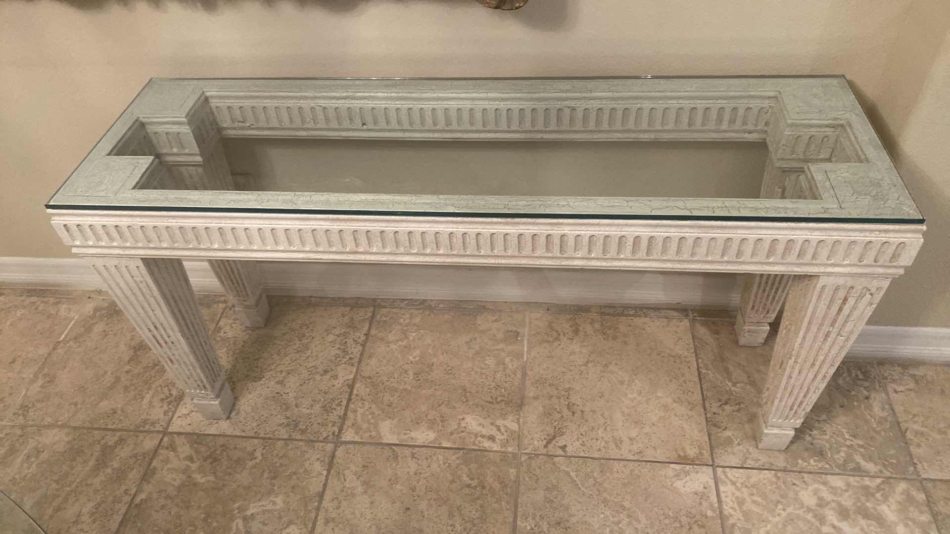 Photo 1 of WOOD GLASS TOP SOFA TABLE CRACKLE DESIGN 53 1/2“ X 16” H27”