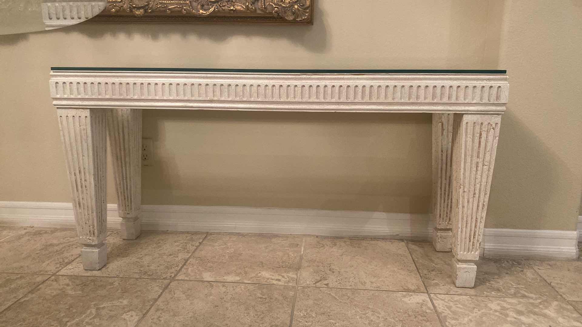 Photo 1 of WOOD GLASS TOP SOFA TABLE CRACKLE DESIGN 53 1/2“ X 16” H27”