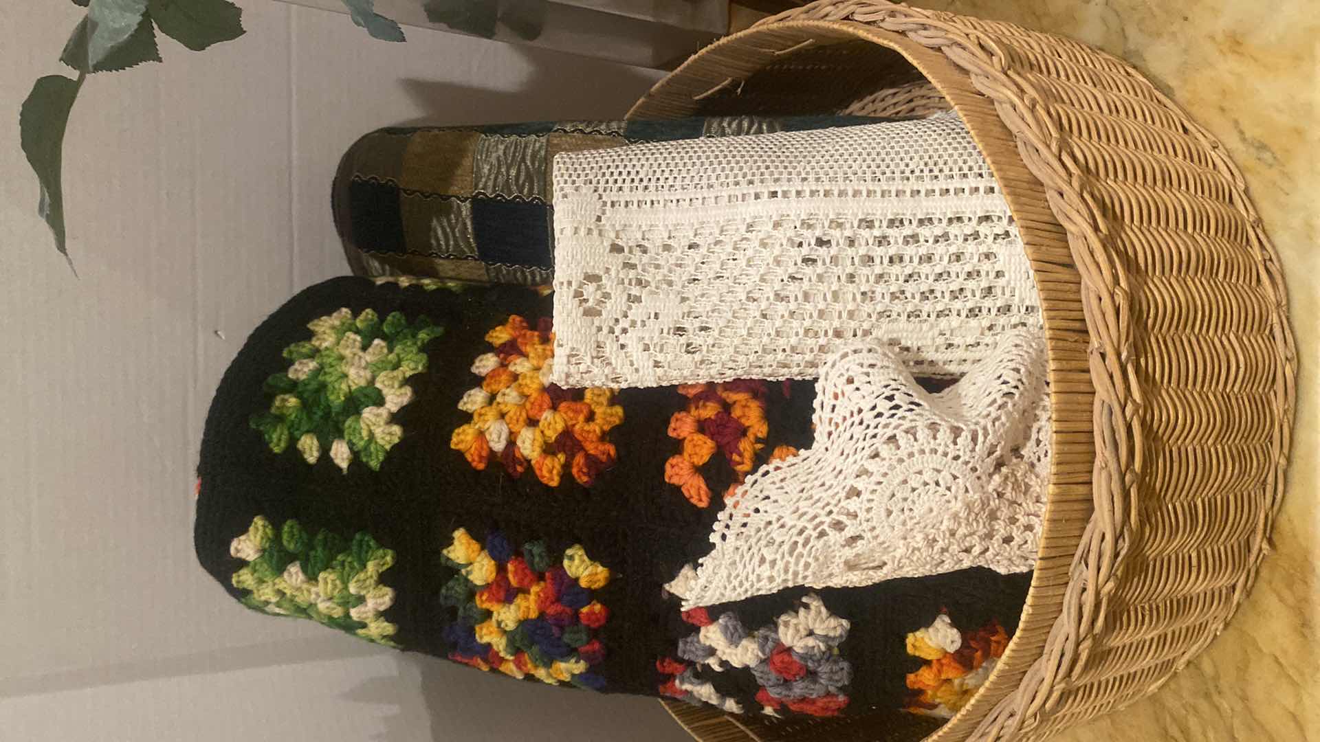 Photo 1 of 2-BASKETS, THROW,TABLE RUNNER & ARTIFICIAL ROSES IN VASE