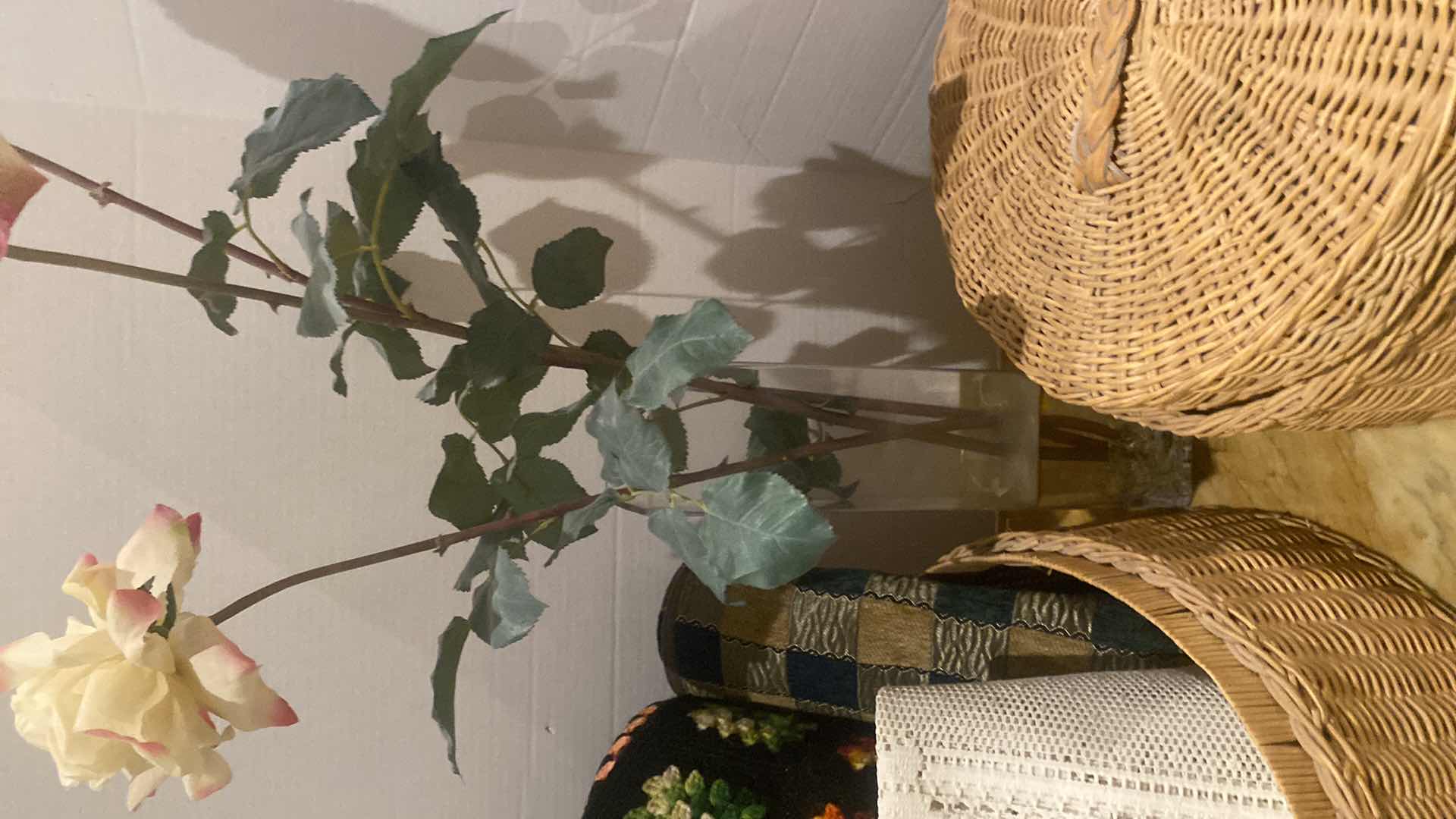 Photo 1 of 2-BASKETS, THROW,TABLE RUNNER & ARTIFICIAL ROSES IN VASE