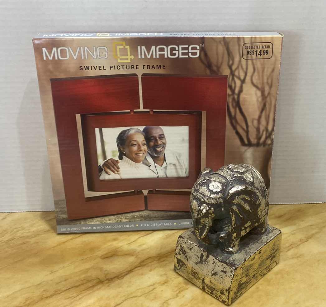 Photo 1 of MOVING IMAGES, SWIVEL PICTURE FRAME & WOOD ELEPHANT H5”