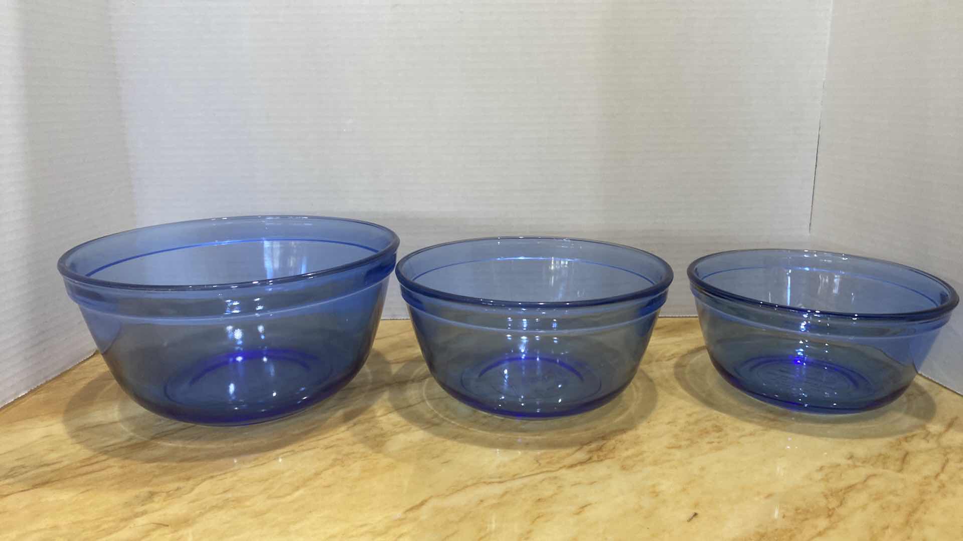 Photo 1 of BLUE GLASS, THREE-PIECE, ANCHOR, HOCKING, MIXING BOWLS