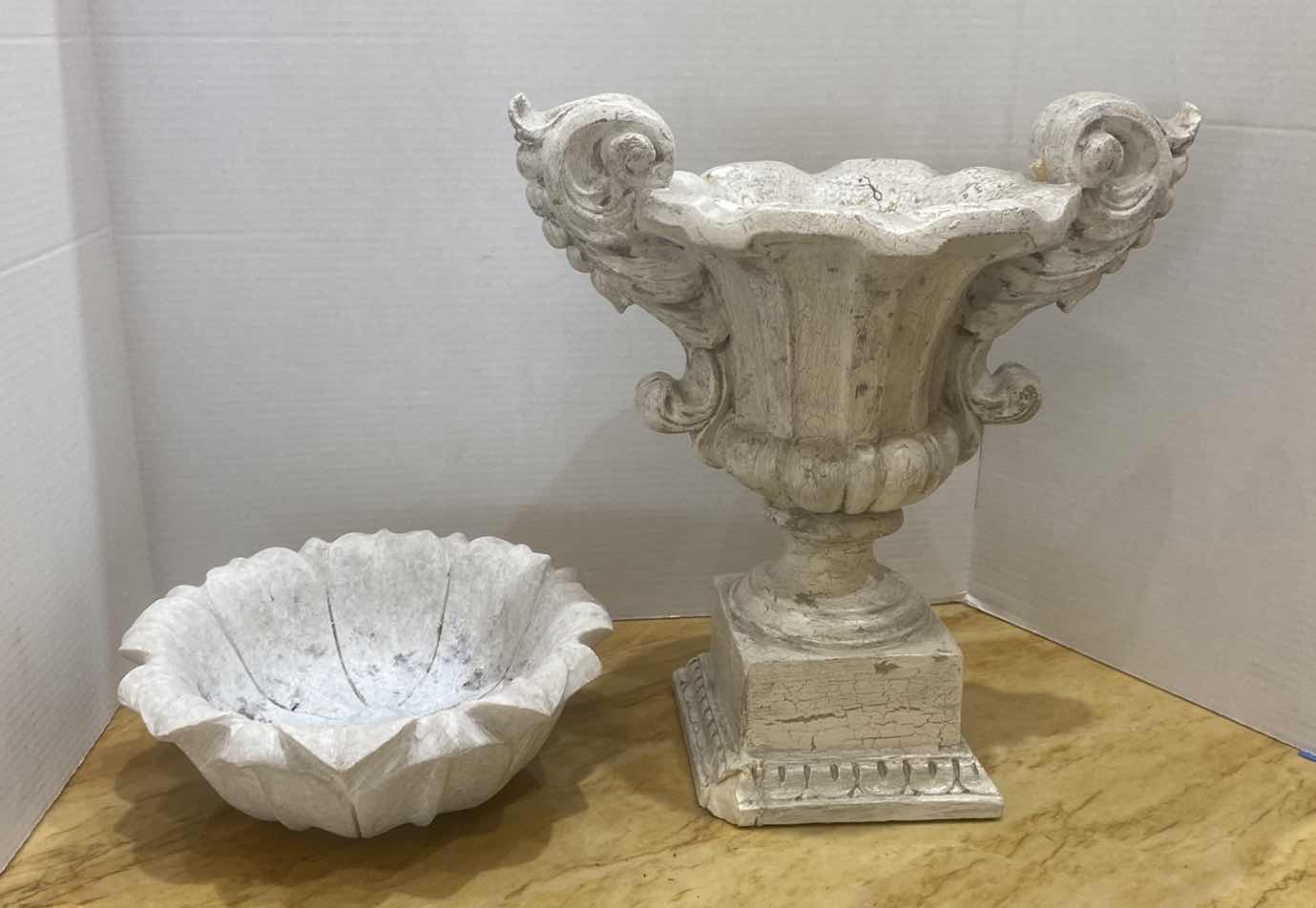 Photo 1 of HEAVY CONCRETE BOWL 11 INCHES AND PLASTER URN H 14”