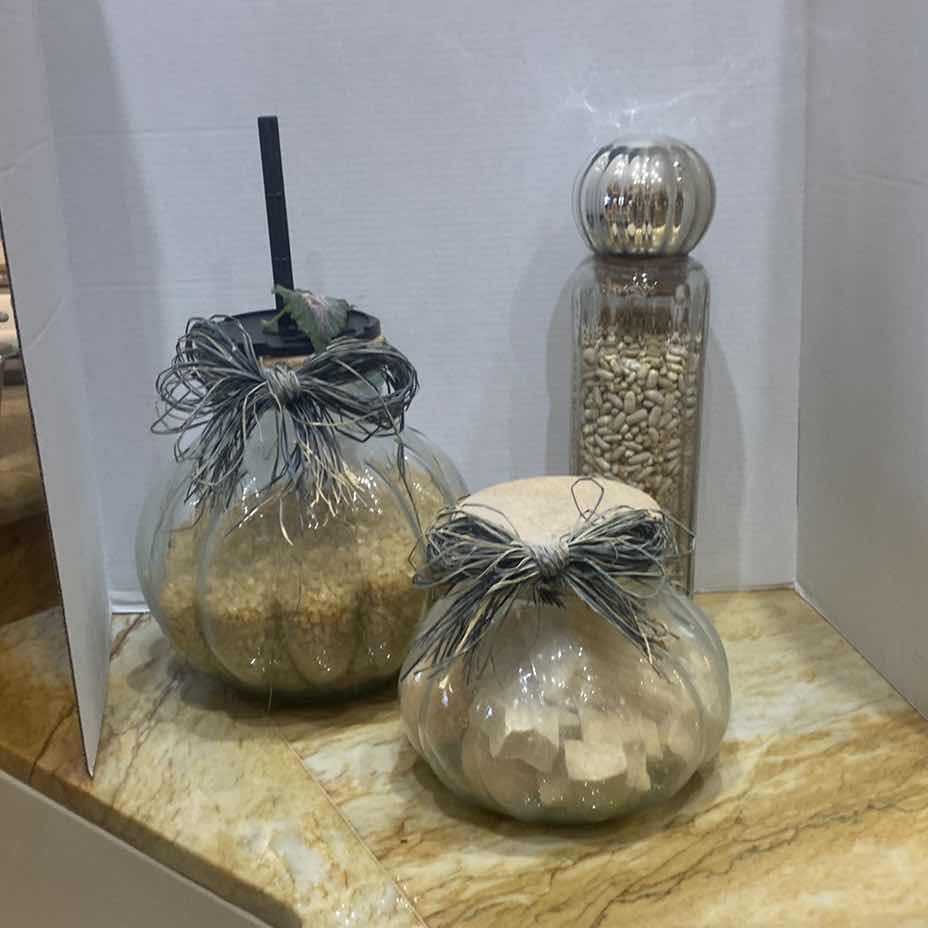 Photo 1 of 3-GLASS JARS WITH PASTA BEANS AND SOAP, 9” X 18”