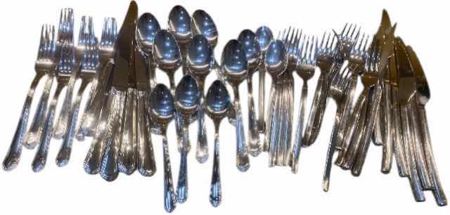 Photo 1 of 21-LENNOX 18/10 STAINLESS SILVERWARE& 21- HENKELS 18/10 STAINLESS SILVERWARE IN METAL BASKET