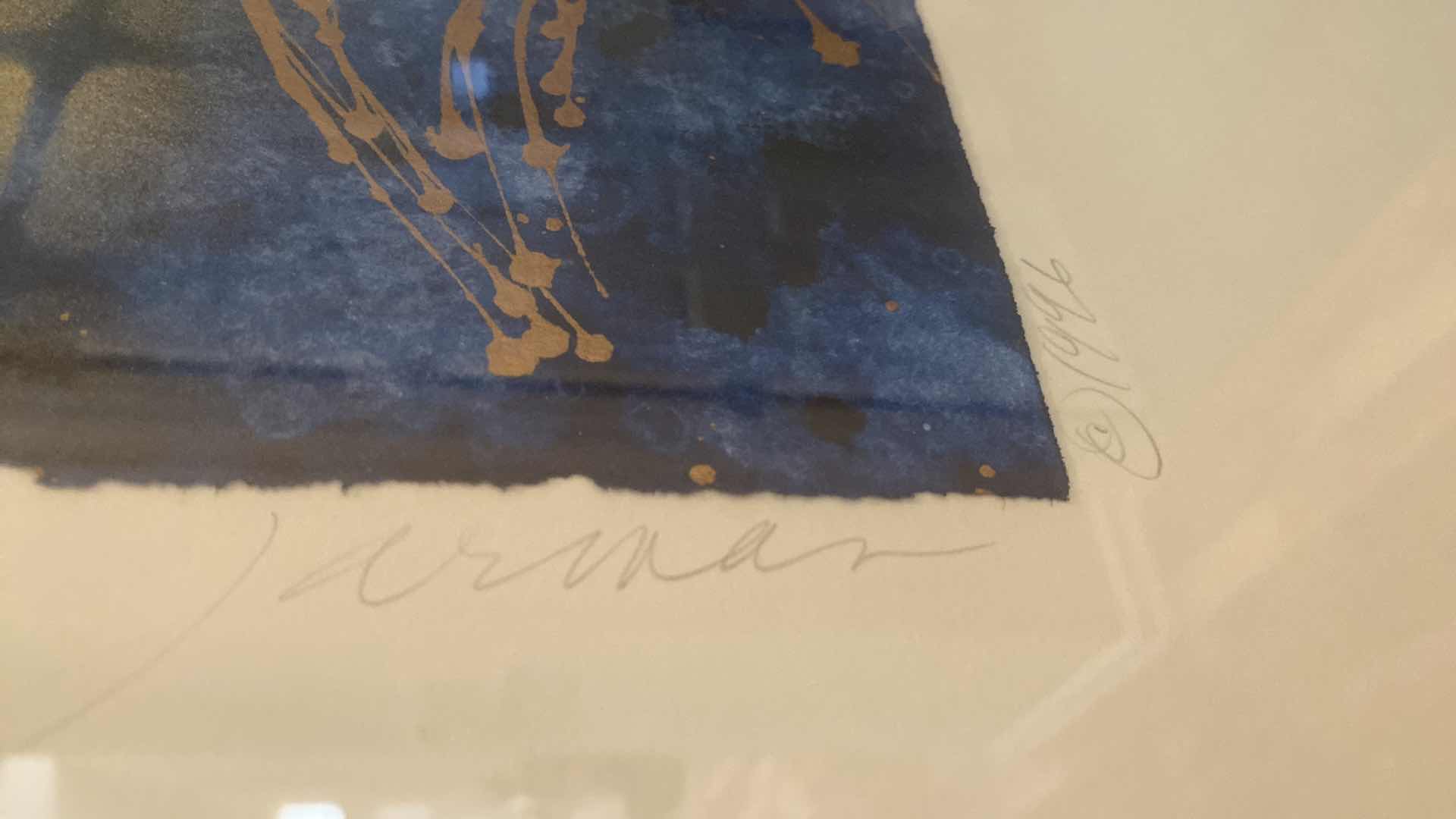 Photo 1 of VINTAGE 1996 GOLD FRAMED ABSTRACT ON PAPER SIGNED ARTWORK 44 1/2” x 36”