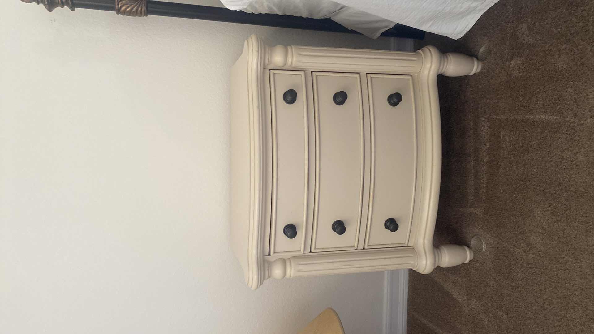 Photo 1 of PAIR OF CHRIS MADDEN HOME CREAM COLORED WOOD THREE DRAWER NIGHTSTANDS UNMARKED 28” X 15 1/2” H29”
