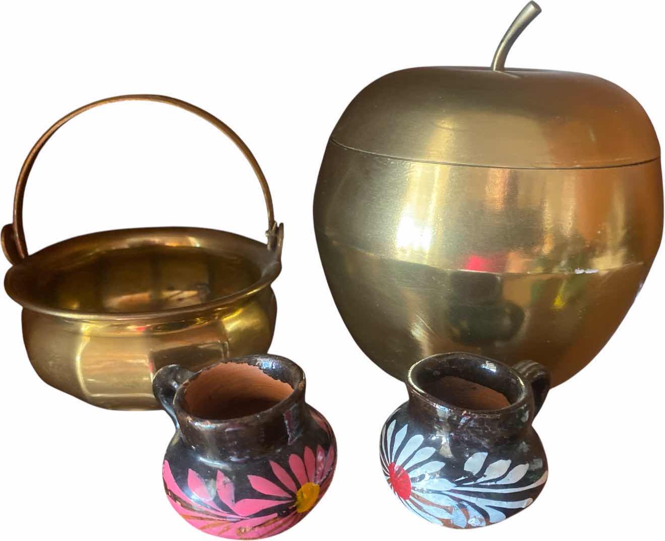 Photo 1 of BRASS APPLE WITH LID AND SMALL BOWL AND TWO SMALL CERAMIC PICTURES LARGEST 4 1/2“ X 5“