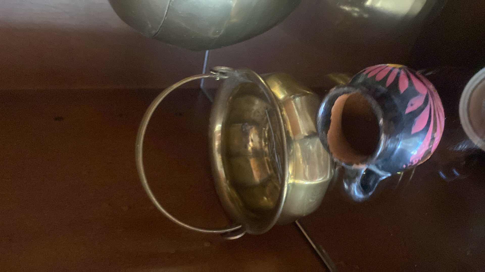 Photo 1 of BRASS APPLE WITH LID AND SMALL BOWL AND TWO SMALL CERAMIC PICTURES LARGEST 4 1/2“ X 5“