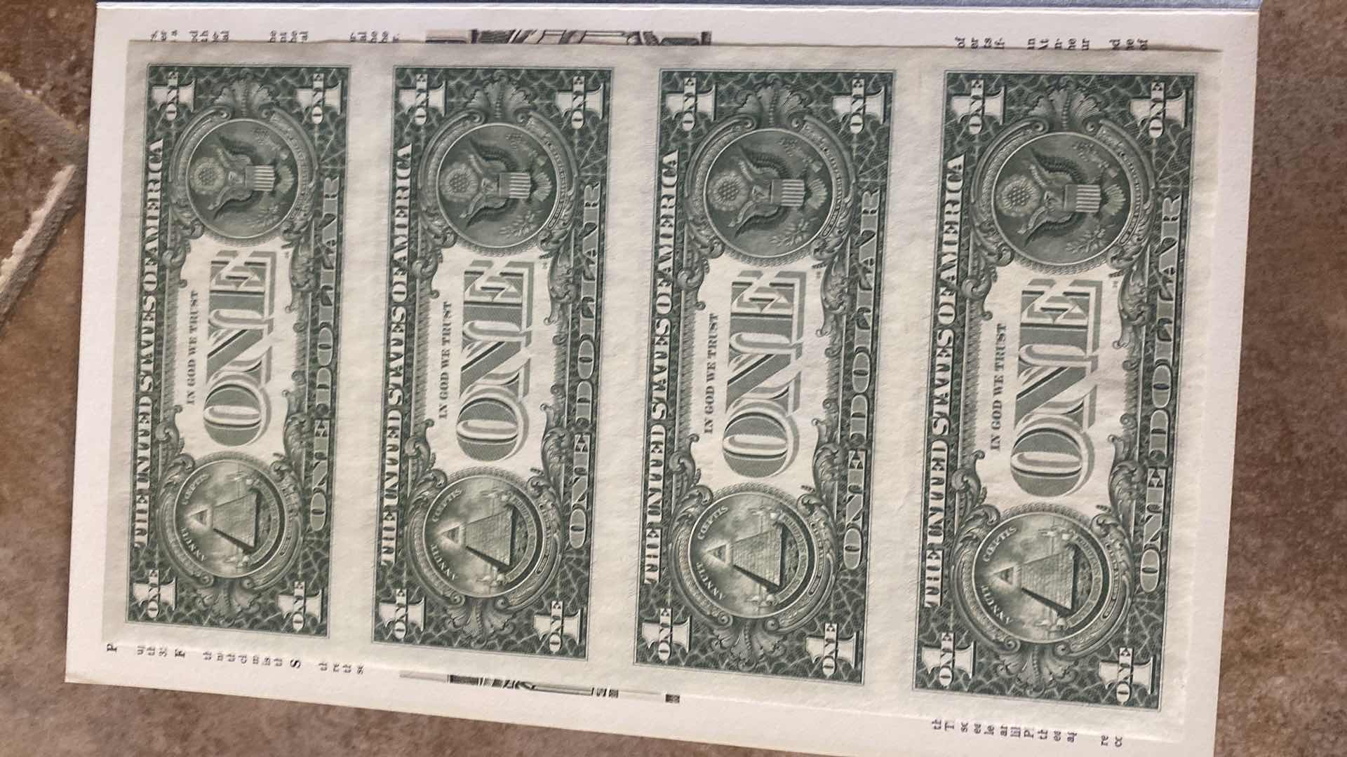 Photo 1 of VINTAGE NEW 1985 BUREAU OF ENGRAVING AND PRINTING 4 $1 DOLLAR BILLS UNCUT