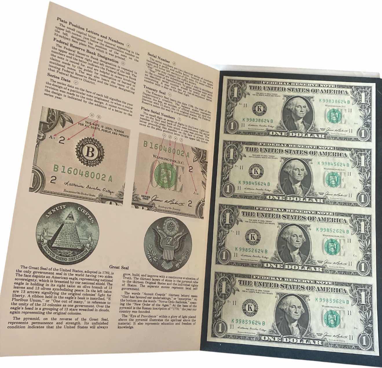 Photo 1 of VINTAGE 1985 BUREAU OF ENGRAVING AND PRINTING 4 $1 DOLLAR BILLS UNCUT