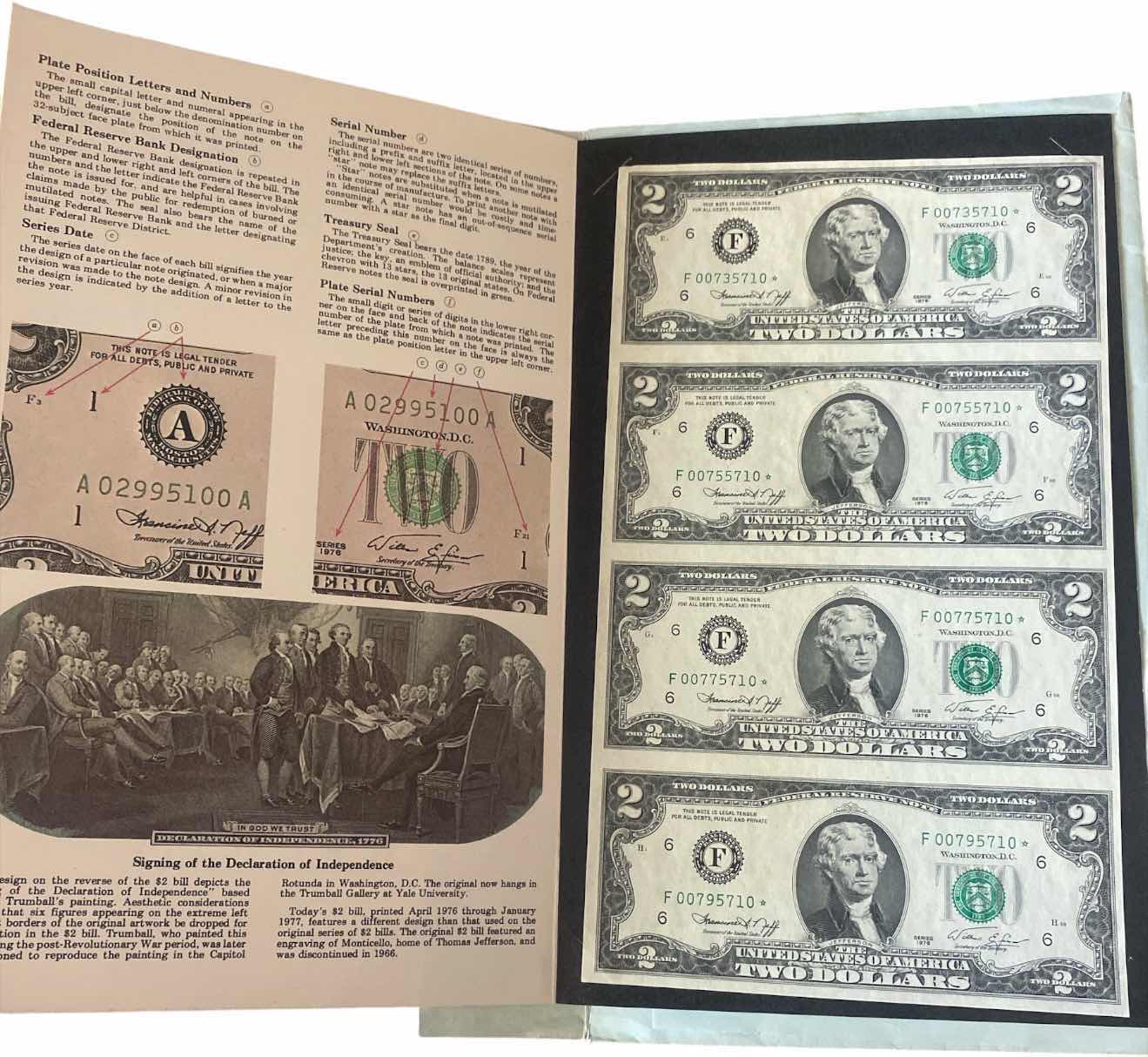 Photo 1 of VINTAGE NEW - 1976 BUREAU OF ENGRAVING AND PRINTING 4 $2 DOLLAR BILLS UNCUT (STAR NOTES)