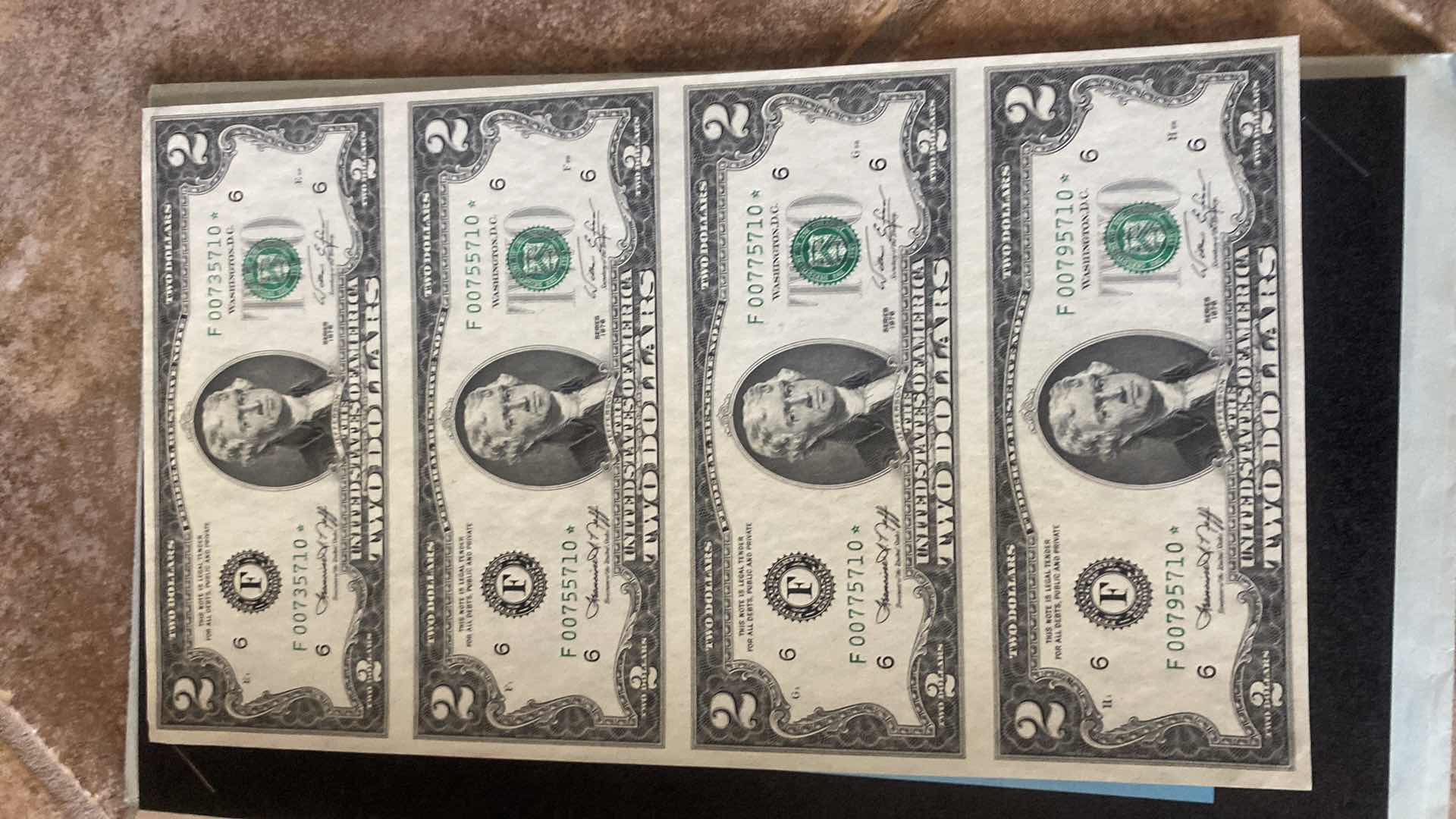 Photo 1 of VINTAGE NEW - 1976 BUREAU OF ENGRAVING AND PRINTING 4 $2 DOLLAR BILLS UNCUT (STAR NOTES)