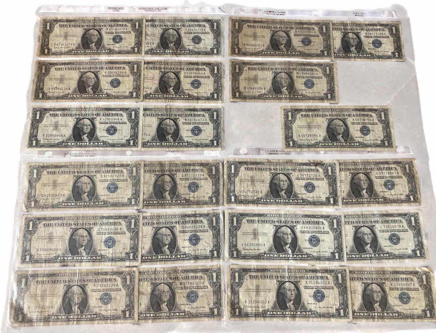 Photo 1 of 22-VINTAGE 1957 CIRCULATED SILVER CERTIFICATES ONE DOLLAR BILLS