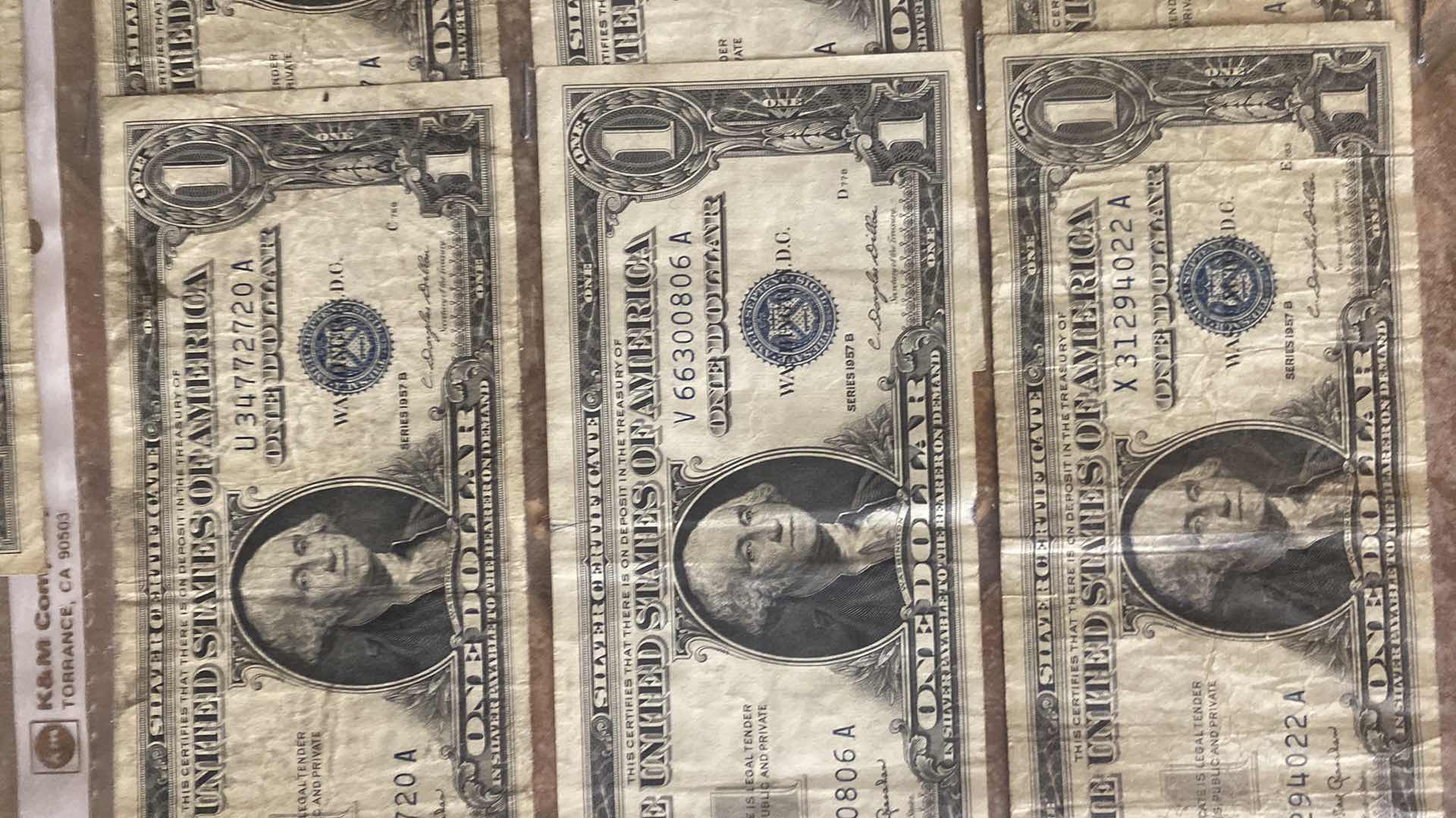 Photo 1 of 22-VINTAGE 1957 CIRCULATED SILVER CERTIFICATES ONE DOLLAR BILLS