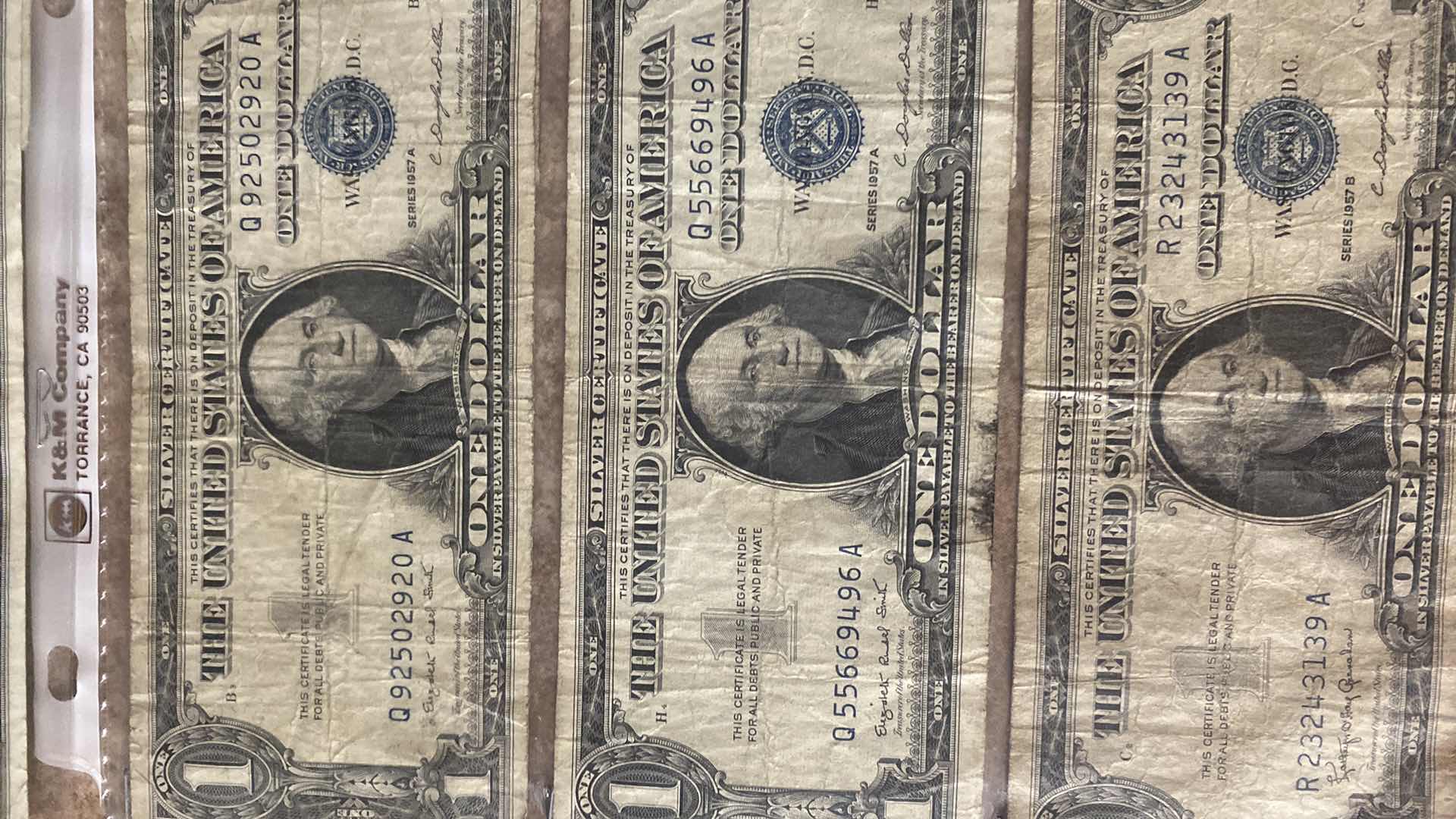 Photo 1 of 22-VINTAGE 1957 CIRCULATED SILVER CERTIFICATES ONE DOLLAR BILLS