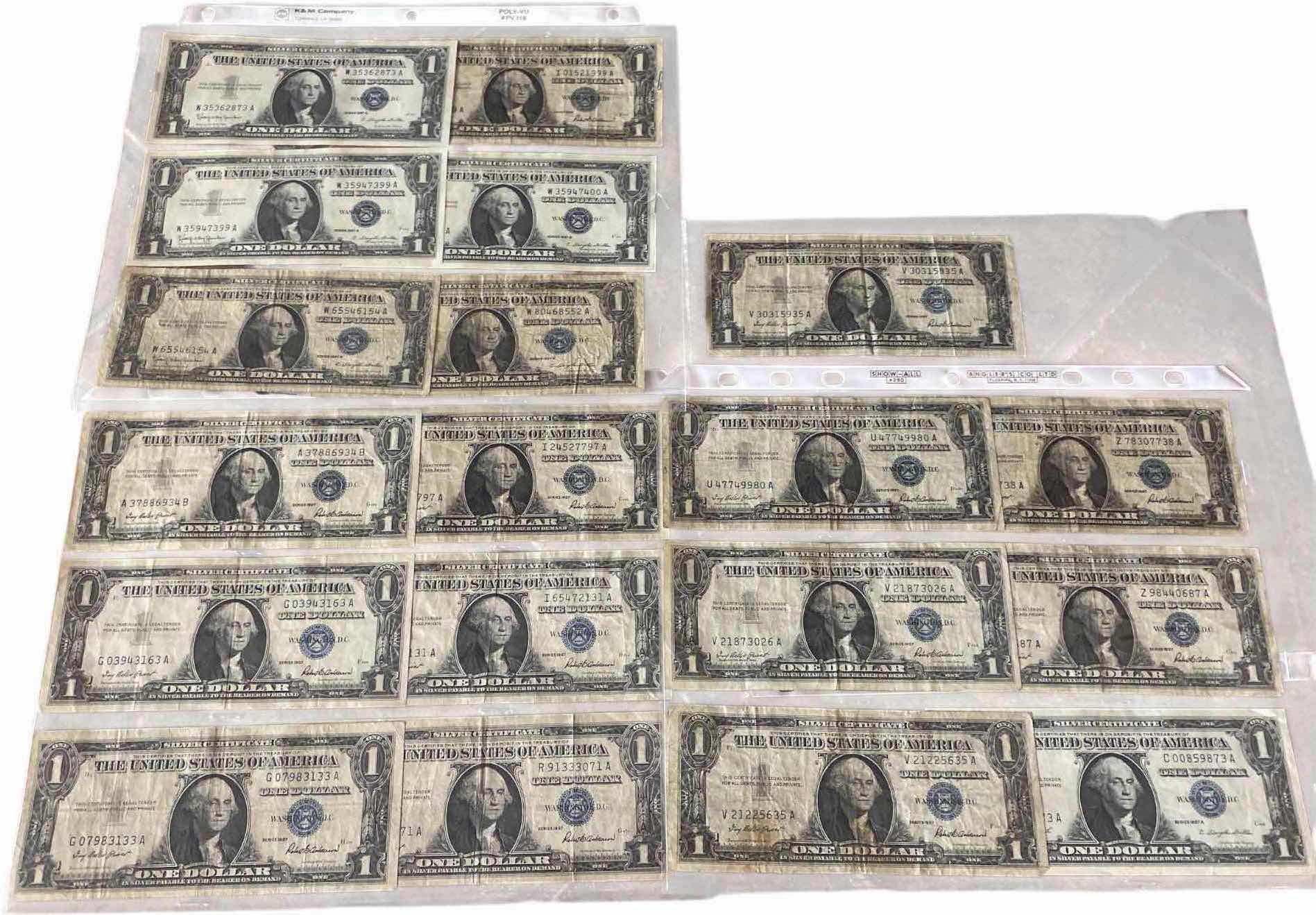 Photo 1 of 19-VINTAGE 1957 CIRCULATED SILVER CERTIFICATES ONE DOLLAR BILLS