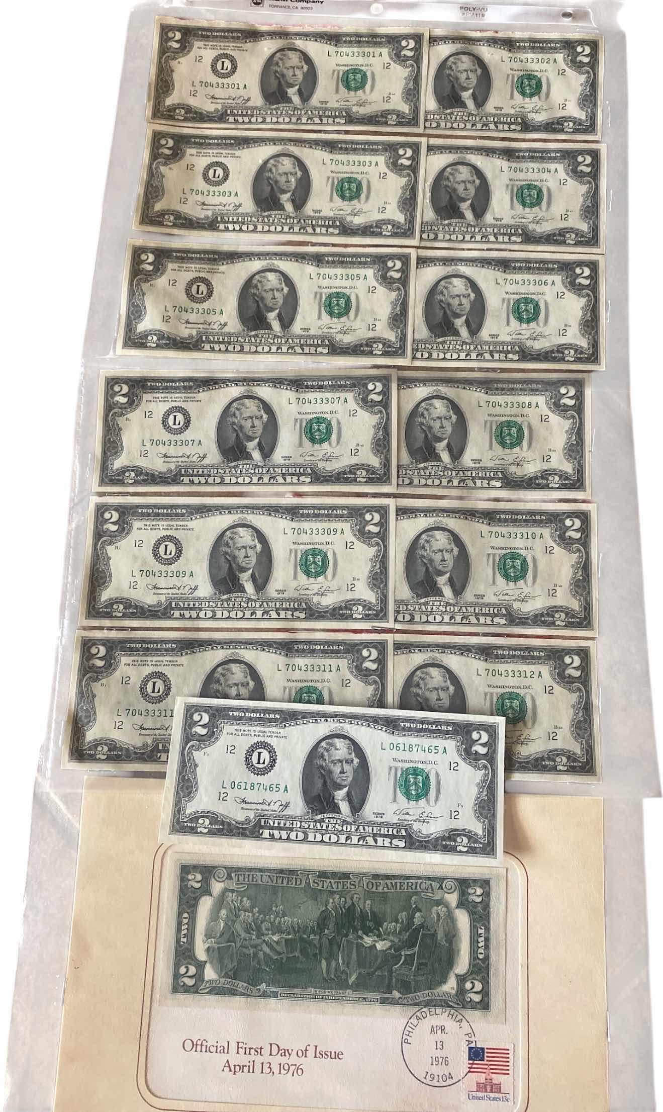 Photo 1 of 14-VINTAGE 1976 CIRCULATED $2 DOLLAR BILLS