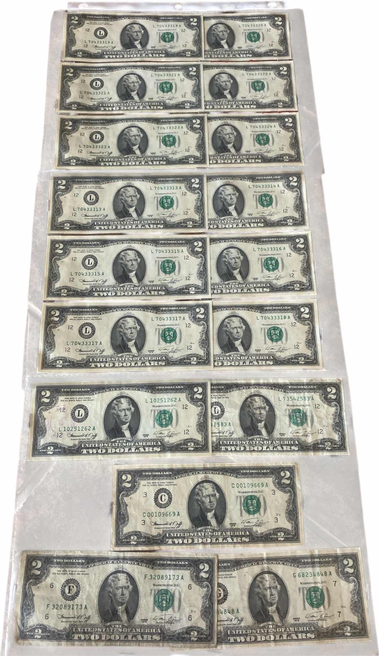 Photo 1 of 17-VINTAGE 1976 CIRCULATED $2 DOLLAR BILLS