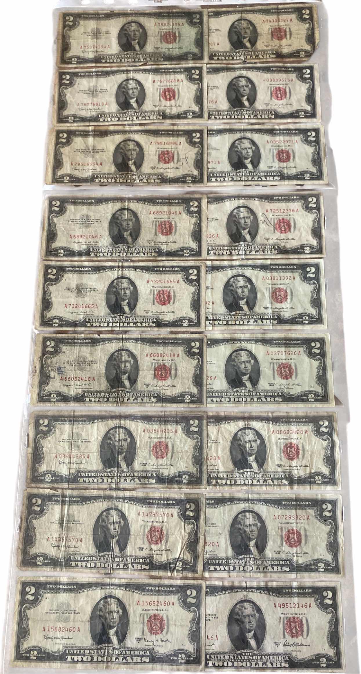 Photo 1 of 18-VINTAGE 1953 CIRCULATED $2 DOLLAR BILLS