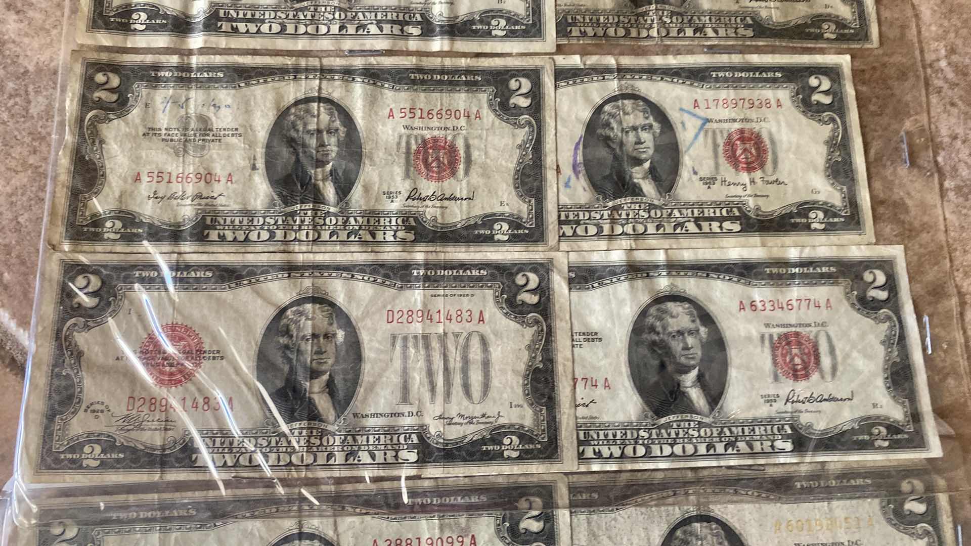 Photo 1 of 18-VINTAGE 1953 CIRCULATED $2 DOLLAR BILLS