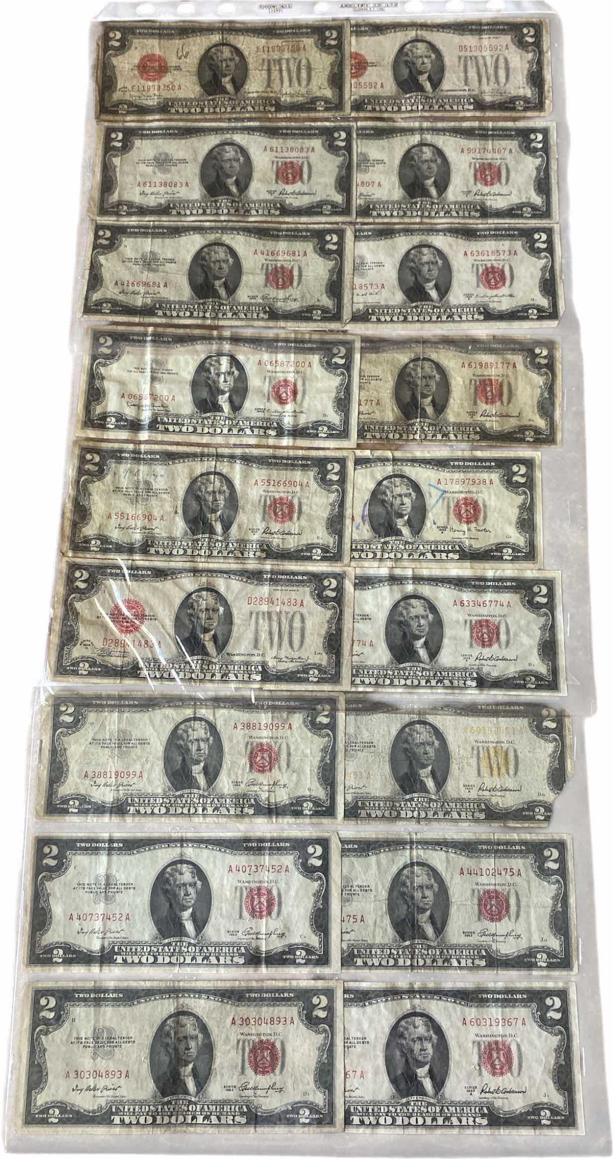 Photo 1 of 18-VINTAGE 1953 CIRCULATED $2 DOLLAR BILLS