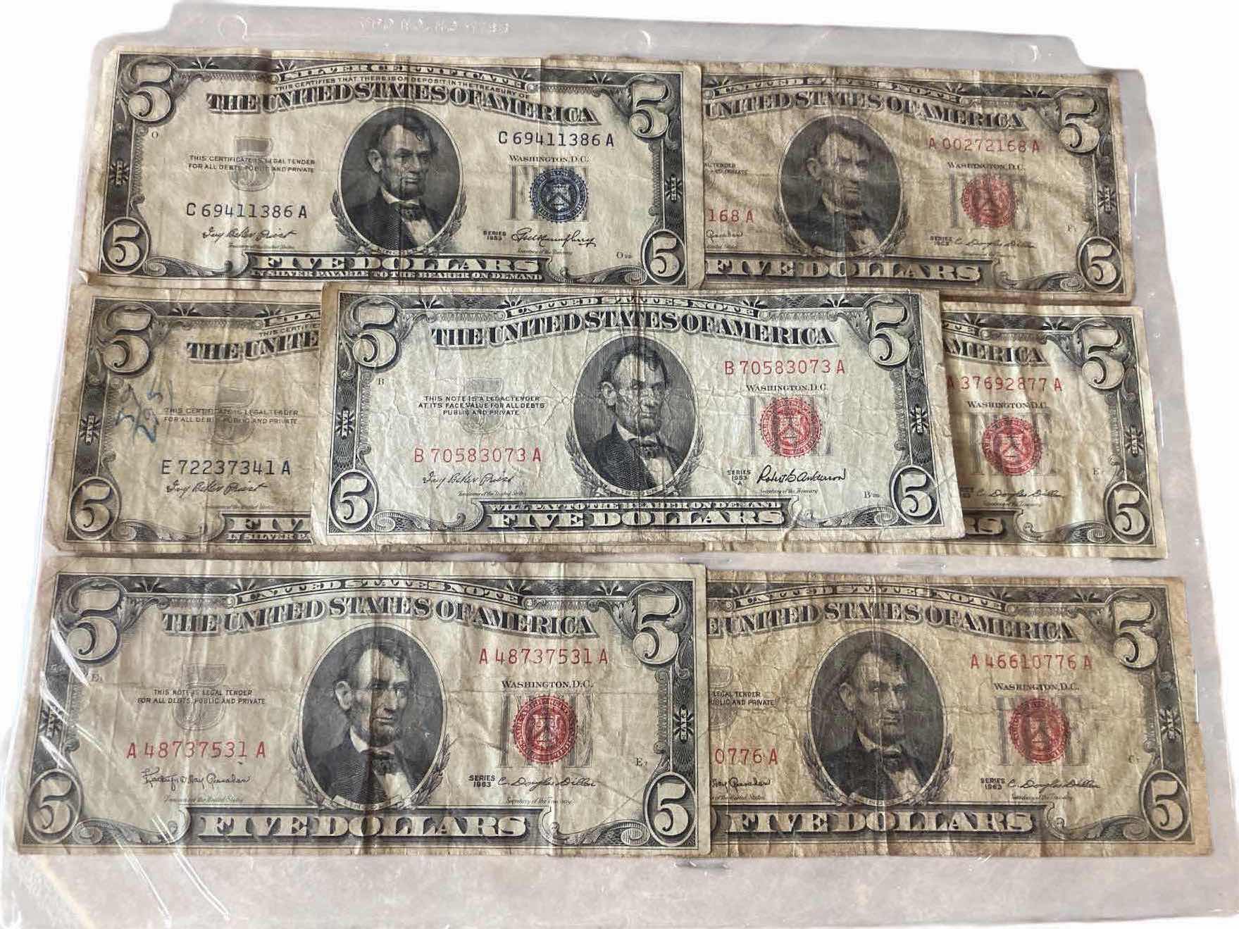 Photo 1 of 7-VINTAGE 1953 FIVE DOLLAR BILLS