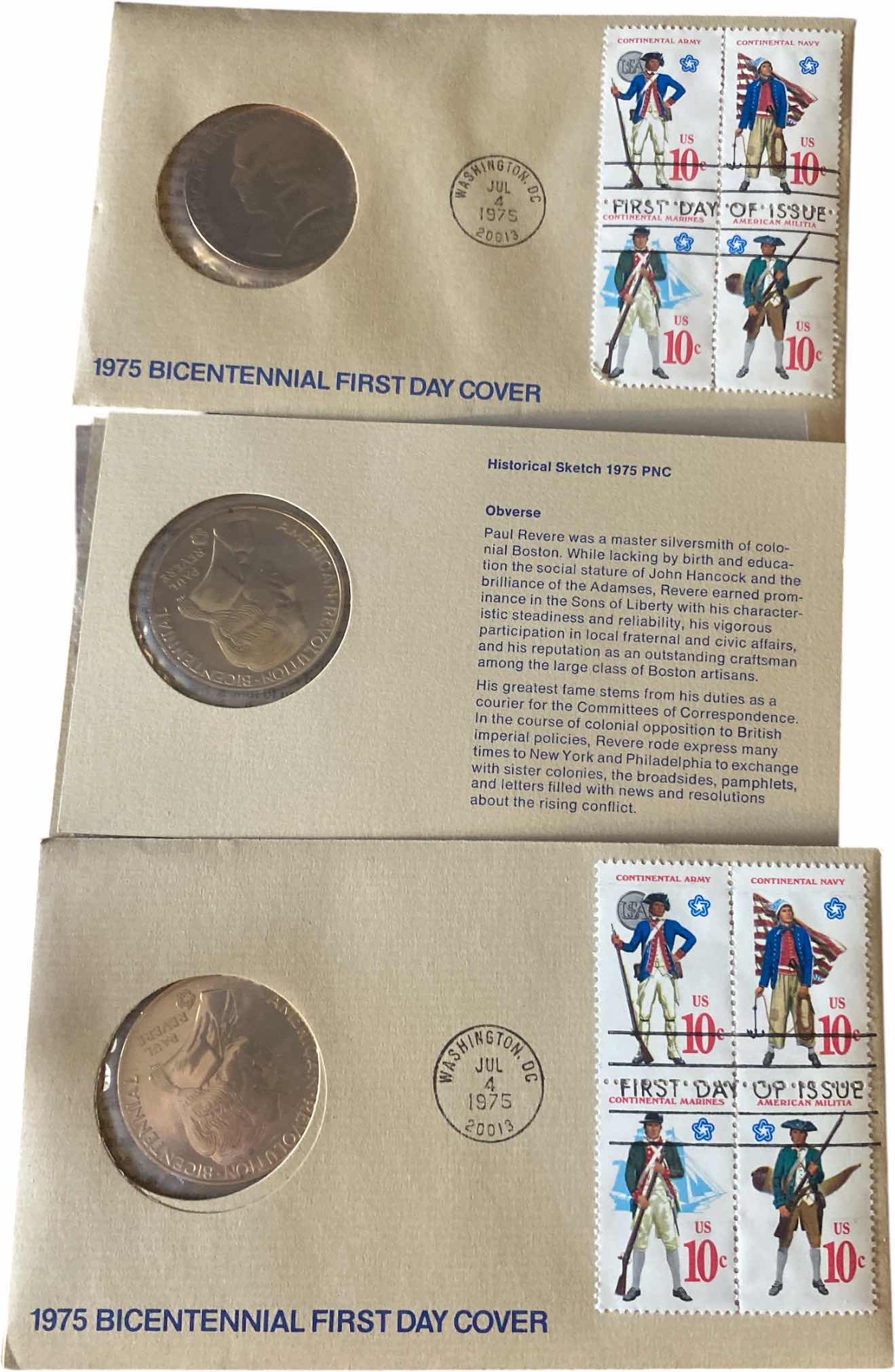 Photo 1 of 3-1975 BICENTENNIAL FIRST DAY COVER COMMEMORATIVE MEDAL AND STAMPS PAUL REVERE