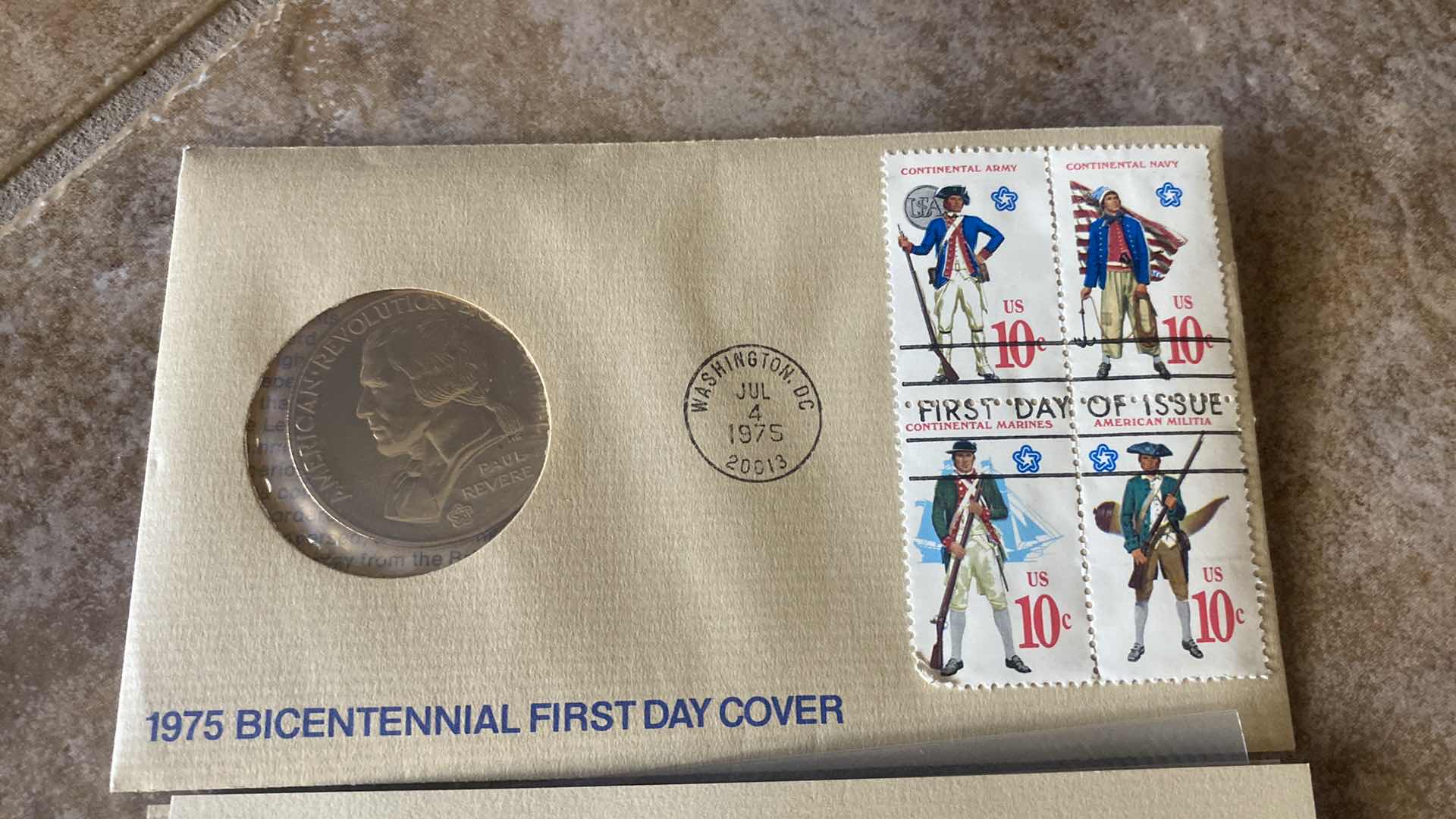 Photo 1 of 3-1975 BICENTENNIAL FIRST DAY COVER COMMEMORATIVE MEDAL AND STAMPS PAUL REVERE