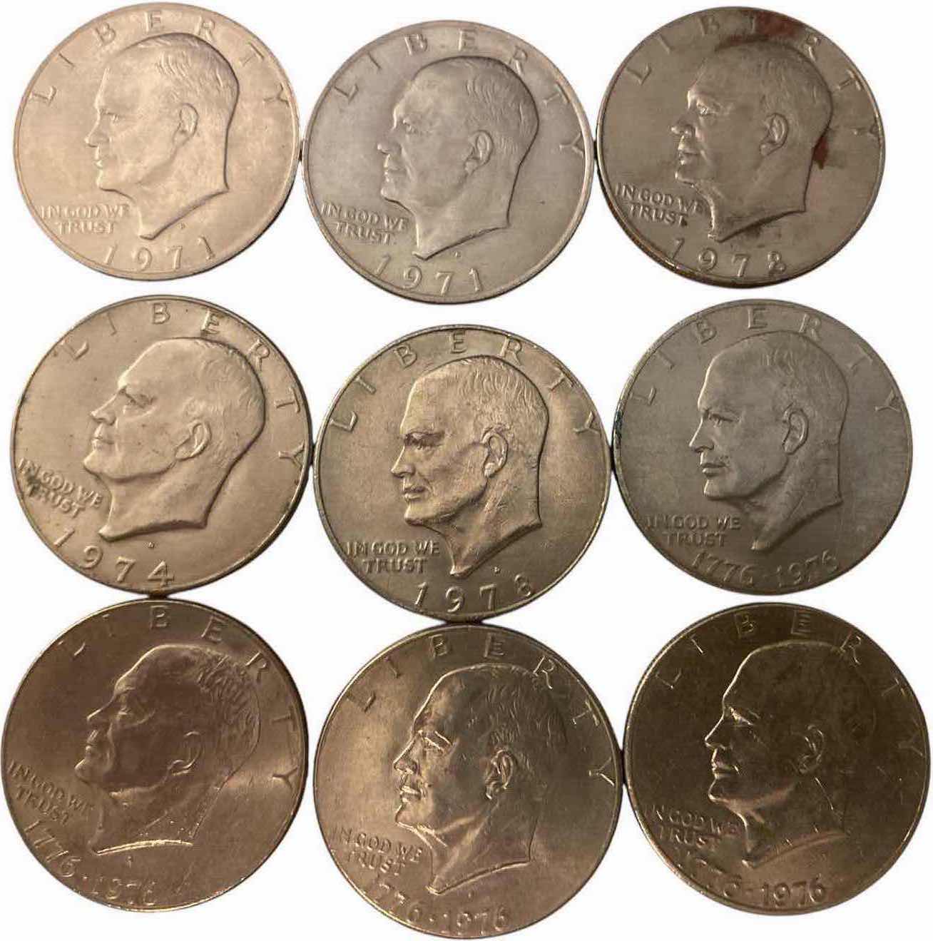 Photo 1 of 9-EISENHOWER DOLLARS YEARS RANGE FROM 1971, 1972, 1974, 1978 & BICENTENNIAL DOLLARS