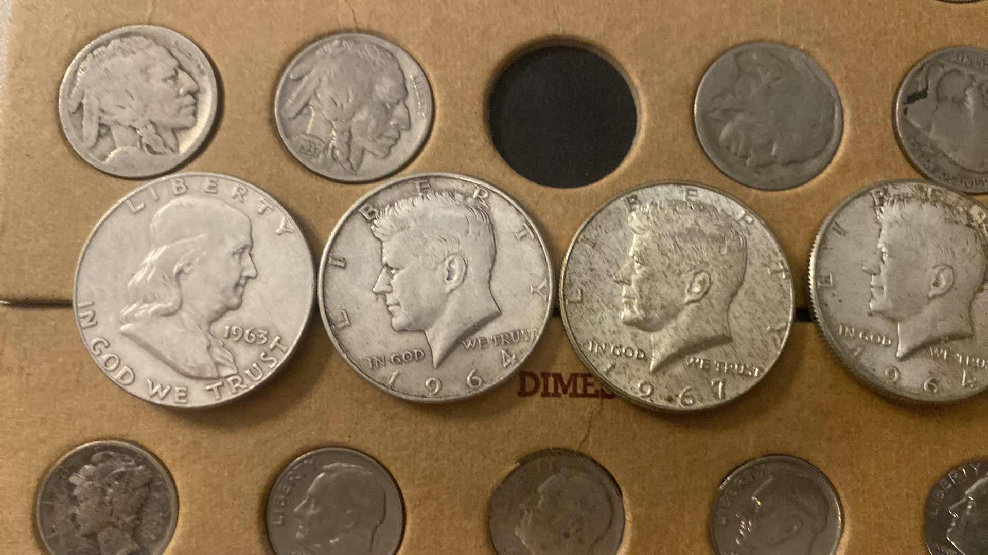 Photo 1 of PENNIES, NICKELS AND DIMES WITH 4 SILVER 50 HALF DOLLARS