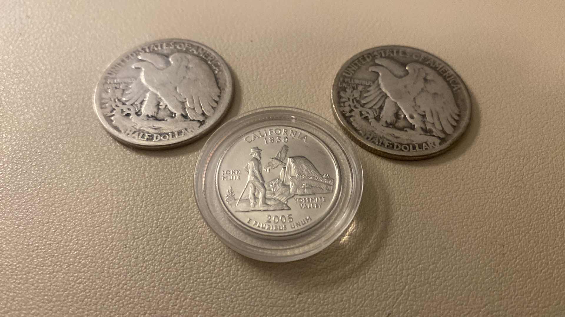 Photo 1 of 2-U.S. 1945 WALKING LIBERTY HALF DOLLARS COMPOSED OF 90% SILVER  & 2005 D MINT CALIFORNIA STATEHOOD QUARTER DOLLAR HONORING YOSEMITE VALLEY