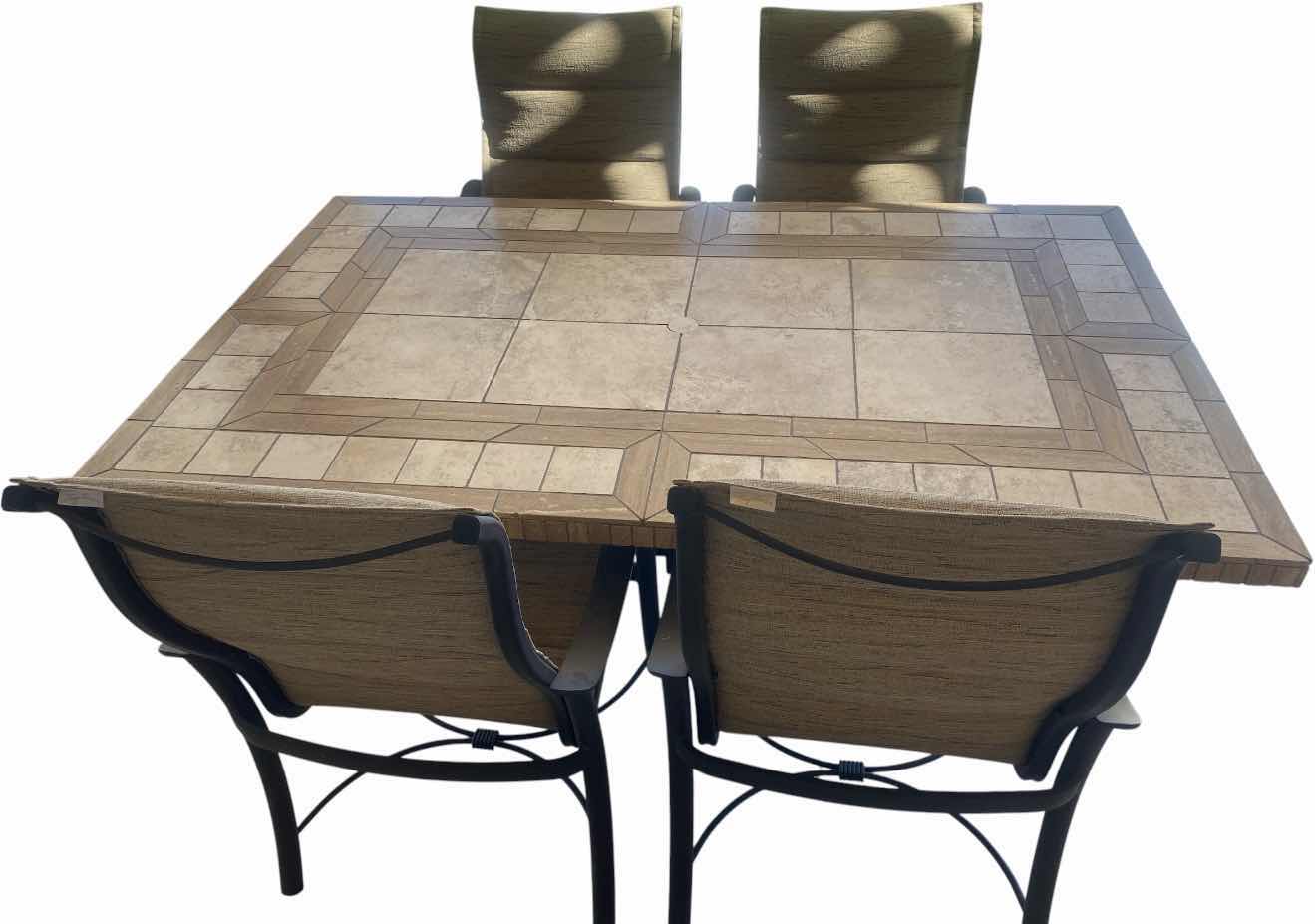 Photo 1 of MALLIN OUTDOOR DINING TABLE  BRONZE COLOR CAST BASE WITH CUSTOM DESIGNED DECOR  MIMOSA TABLETOP FROM MR. POOL AND MRS. PATIO 44“ X 72“ (CHAIRS SOLD SEPARATELY)