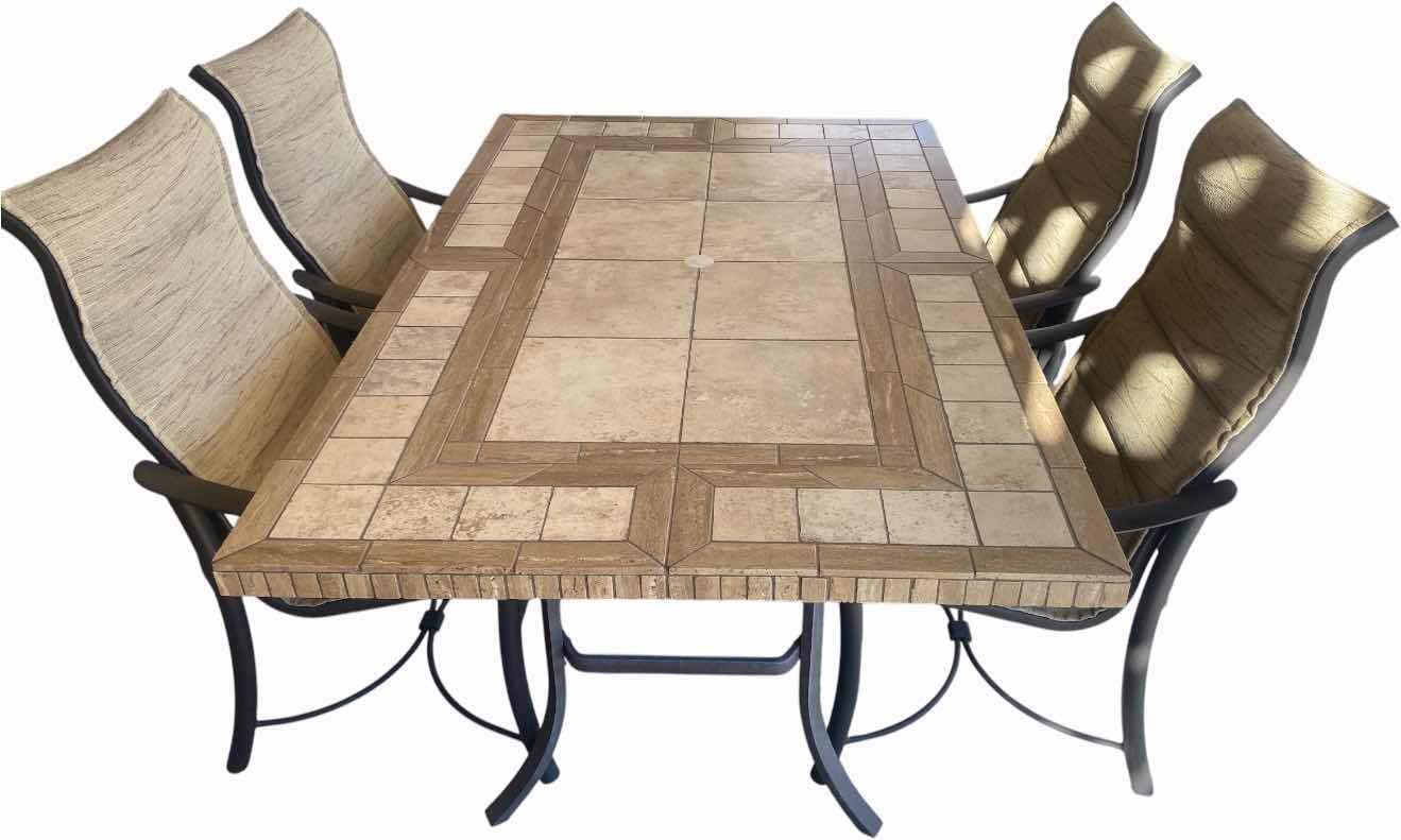 Photo 1 of MALLIN OUTDOOR DINING TABLE  BRONZE COLOR CAST BASE WITH CUSTOM DESIGNED DECOR  MIMOSA TABLETOP FROM MR. POOL AND MRS. PATIO 44“ X 72“ (CHAIRS SOLD SEPARATELY)