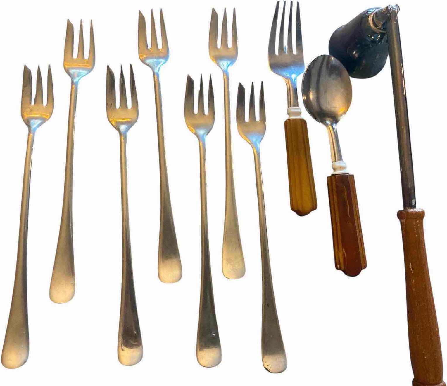 Photo 1 of 7-SIMEON L AND GEORGE H ROGERS COMPANY ALPACA APPETIZER FORKS GERMAN SILVER PLATED & CANDLE SNUFFER WITH APPETIZER, FORK AND SPOON