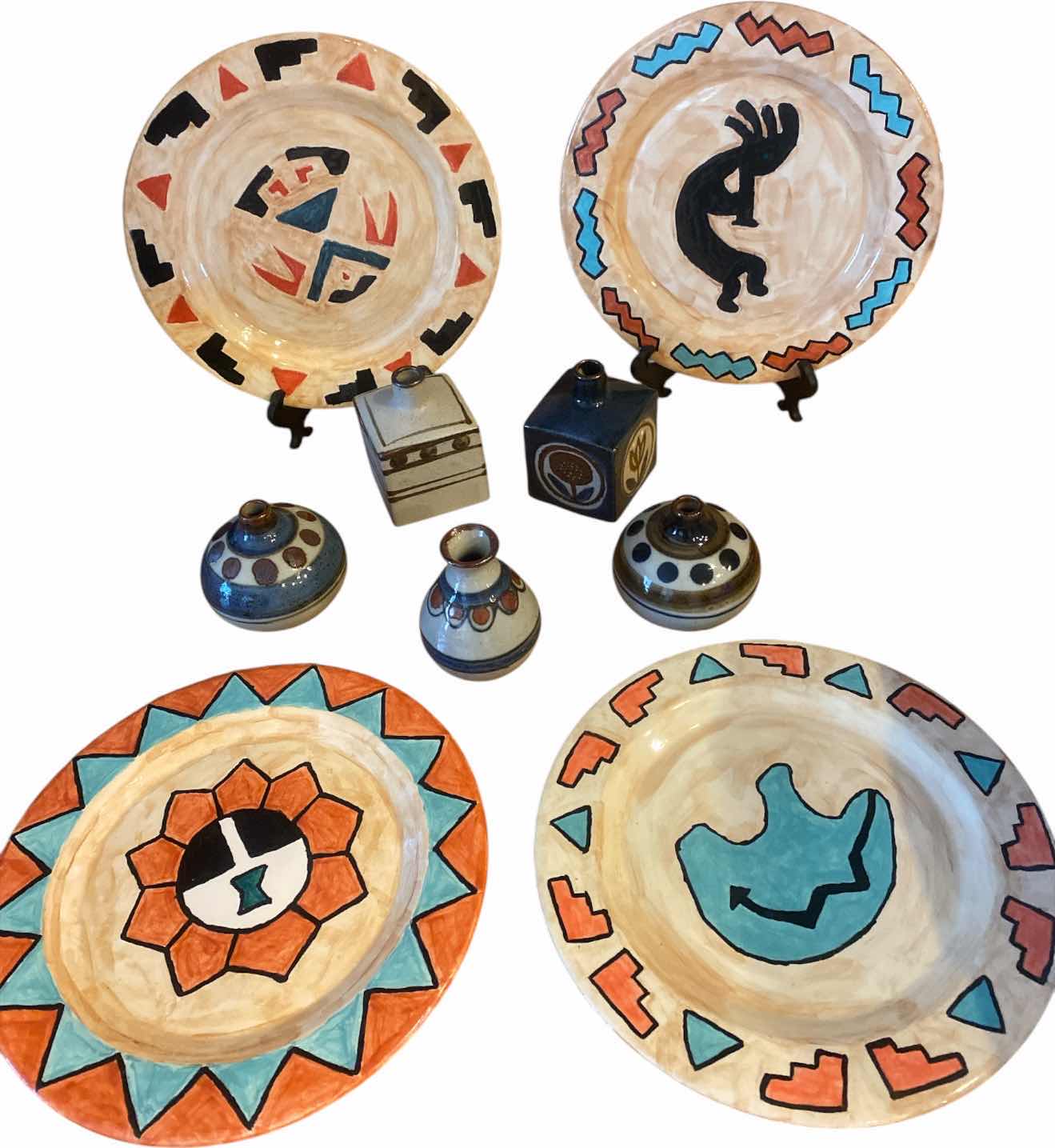 Photo 1 of 9-GLAZED AND HAND-PAINTED POTTERY DISHES 8” & MINI VASES