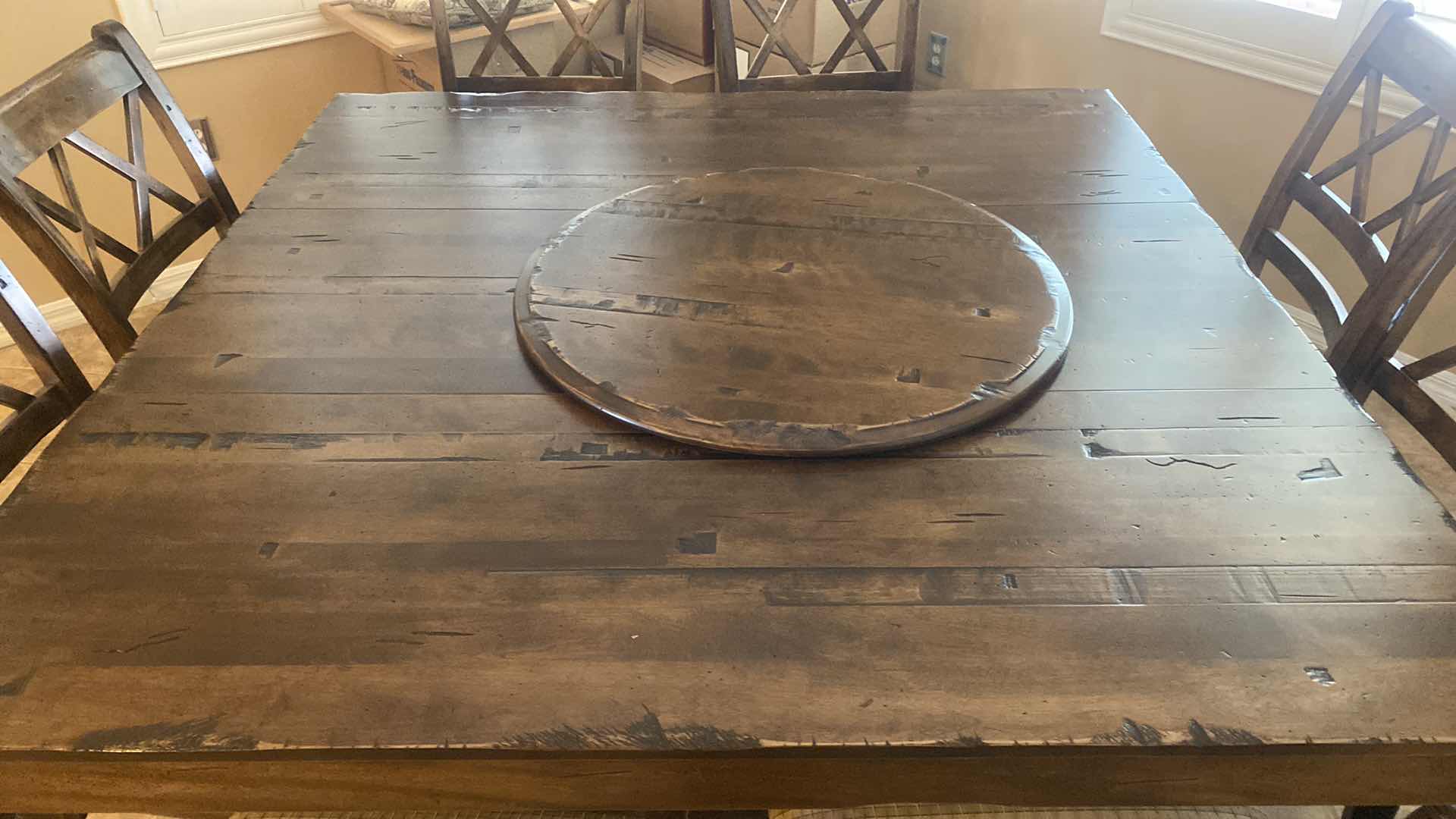 Photo 1 of BENMEX CUSTOM DISTRESSED WOOD 10 PIECE DINETTE SET TABLE 8 CHAIRS & LAZY SUSAN LEAF 20” MEASUREMENT WITHOUT LEAF 39“ X 60“