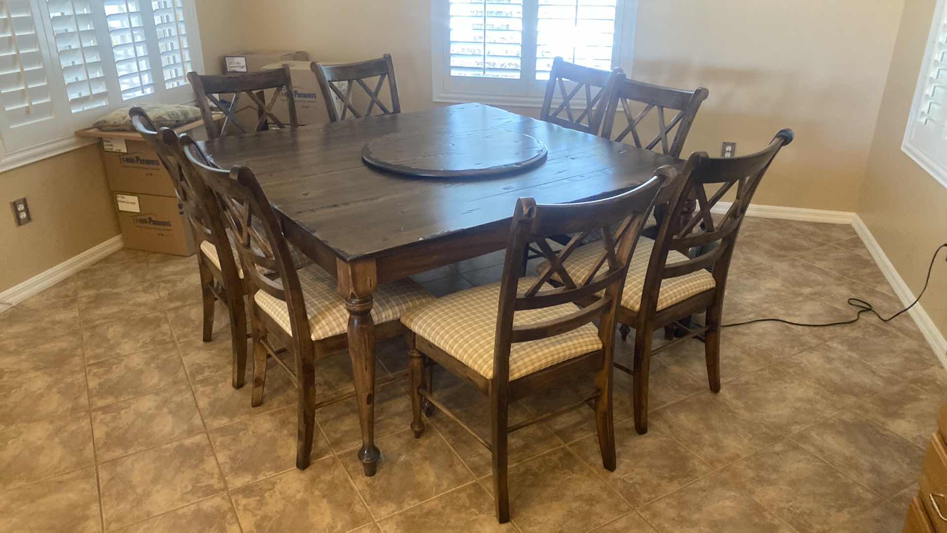 Photo 1 of BENMEX CUSTOM DISTRESSED WOOD 10 PIECE DINETTE SET TABLE 8 CHAIRS & LAZY SUSAN LEAF 20” MEASUREMENT WITHOUT LEAF 39“ X 60“