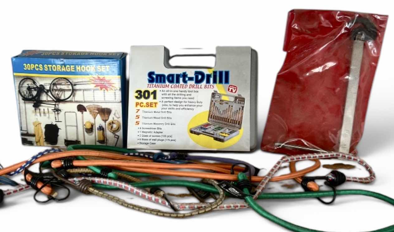 Photo 1 of GARAGE ITEMS – 30 PIECE STORAGE HOOK, SET, SMART DRILL, BASIN, WRENCH, AND BUNGEES